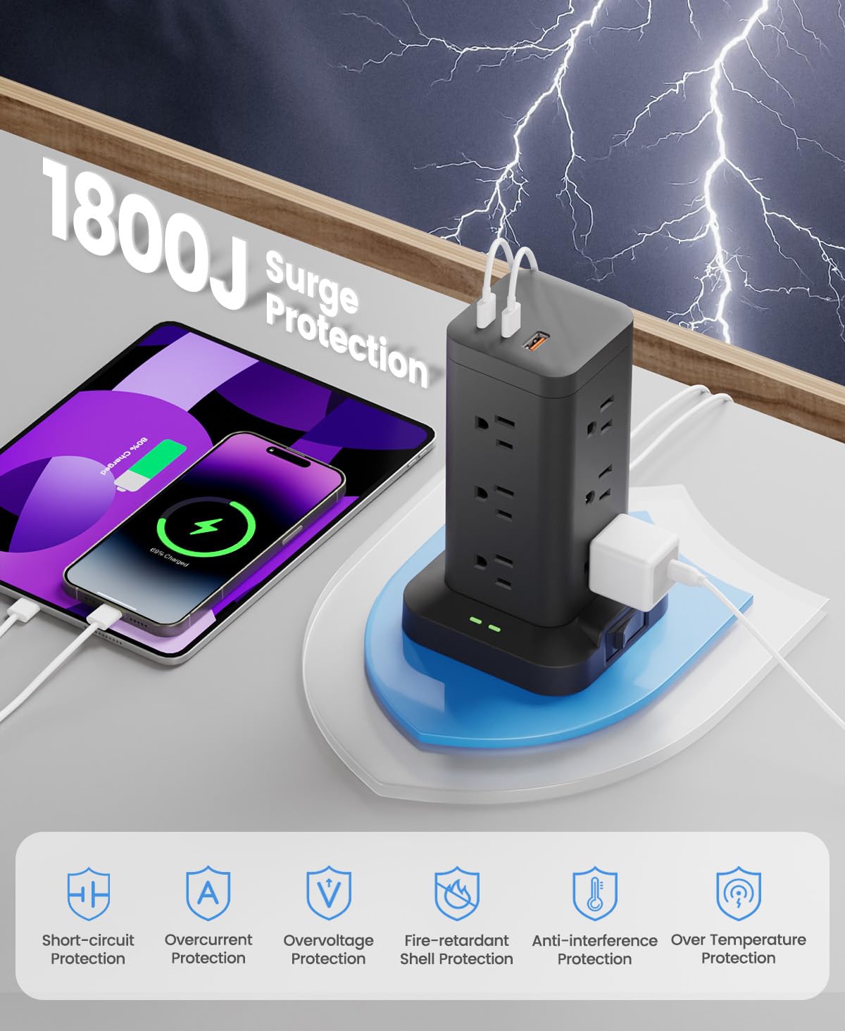 Wieża zasilająca z ochroną przeciwprzepięciową 1800J, wieża szybkiego ładowania PD20W USB-C z 12 gniazdami AC, przedłużacz 10 stóp do domu, biura, sypialni