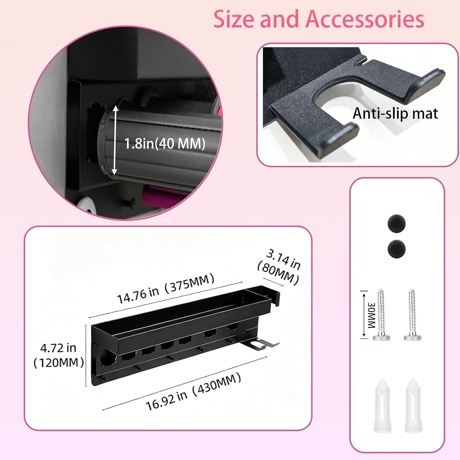 Aluminum Wall Mount Organizer, Bathroom Storage Holder for Dyson Airwrap Styler and Supersonic Hair Dryer, 7 Slots Accessories Rack with Installation Options