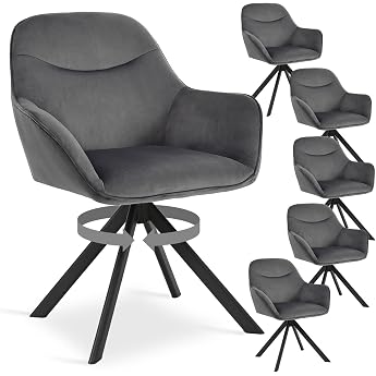 Set of 6 Dining Room Chairs Rotatable with Armrest 360  Swivel Chair Upholstered Chair Velvet Modern Kitchen Chairs with Metal Legs for Dining Room Living Room Office Dark Grey