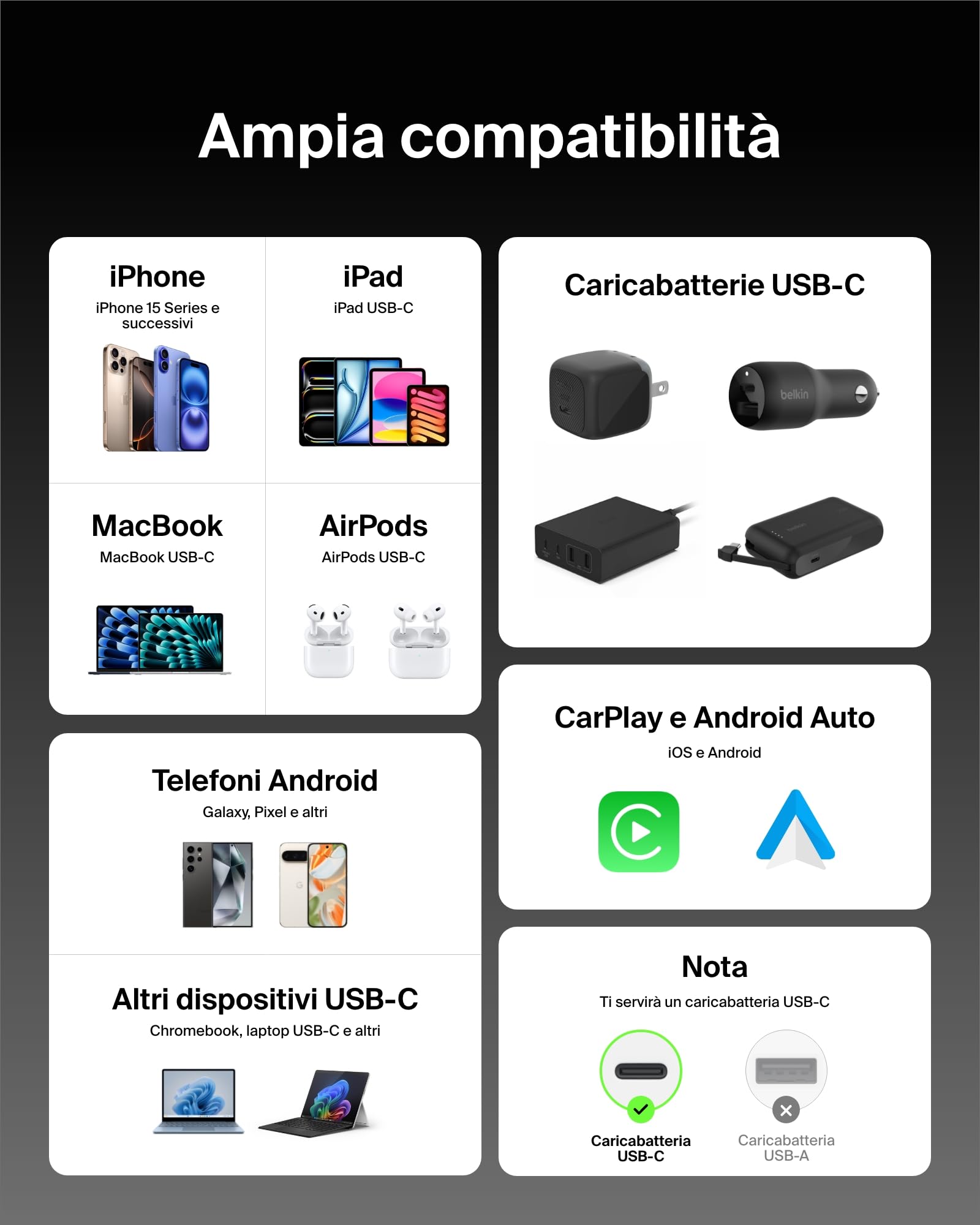 Belkin Confezione da 2 cavi intrecciati da USB-C a USB-C da 1,5 m, 60 W, cavo flessibile per ricarica rapida, cavo Type-C per iPhone 16 e iPhone 15 series, Galaxy S25, Pixel 9, iPad Pro e altri, nero