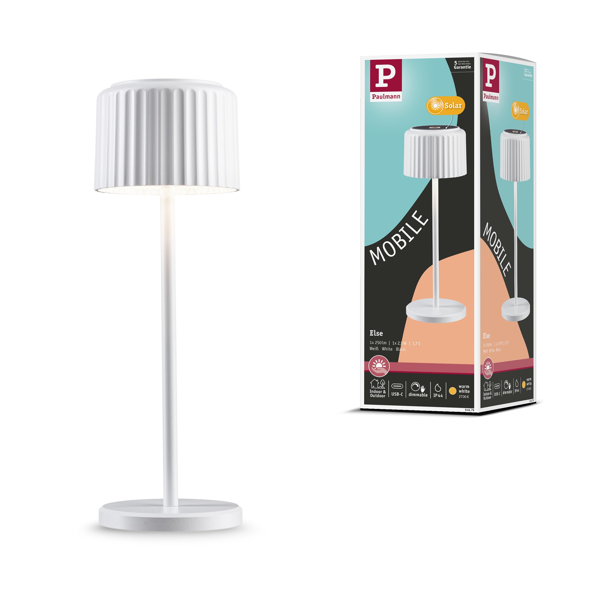 Paulmann 94879 Solar Led Battery-Powered Luminaire Else Ip44 2700K White Usb-C Battery Portable Table Luminaire from B&Q