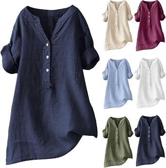 Womens Linen Shirts 2026 3/4 Sleeve V Neck Cotton Shirts Plus Size Gauze Casual Loose Fit Blouse Dressy Tops Outfits