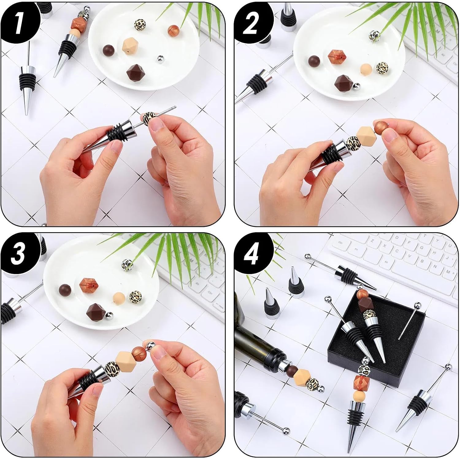 Kosiz 30 Pcs Beadable Wine Stoppers for Bottles Decorative Beaded Wine Bottle Stopper Reusable Alloy Saver for Beverage Gifts Spring summer Holiday Party Wedding Bar (Black)