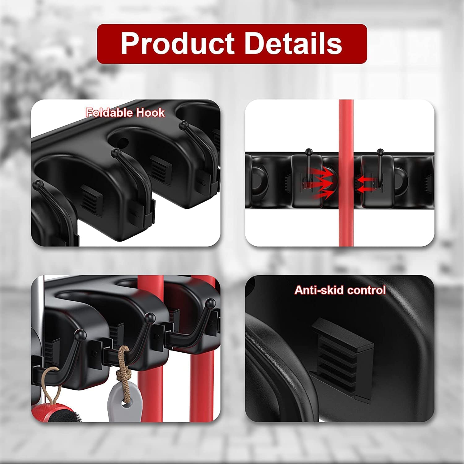 Kienlix Plastic Mop And Broom Holder Wall Mount Hanging Shelves, Heavy Duty Broom Holder Wall Mounted Or Tool Organizer For Home Garden Garage And Storage (5 Positions With 6 Hooks) (Black) - Image 4 thumbnail