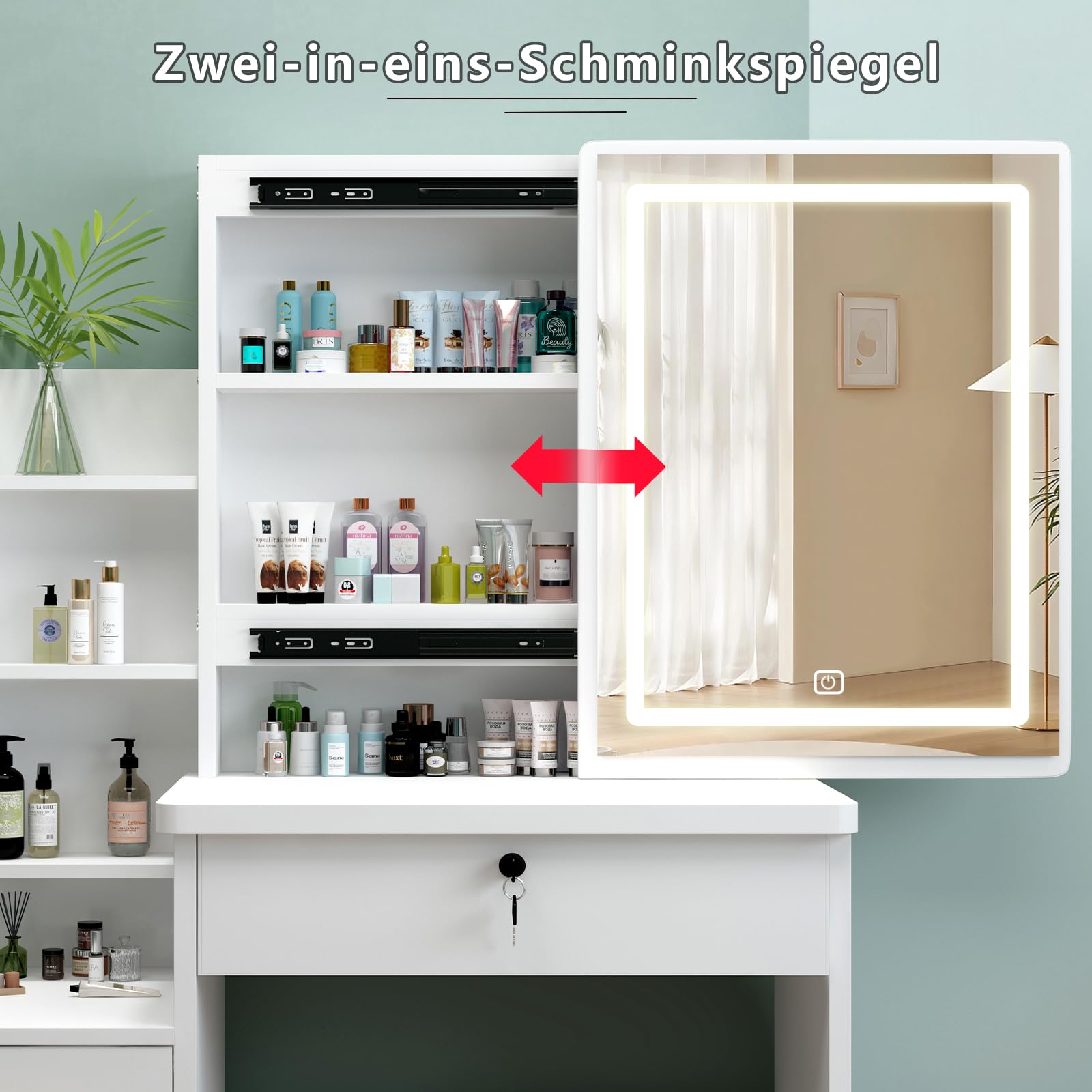Coiffeuse Avec Miroir Éclairage LED - 5 Tiroirs + Tabouret | Blanc | MDF | 3 Modes Couleur | Zeaper