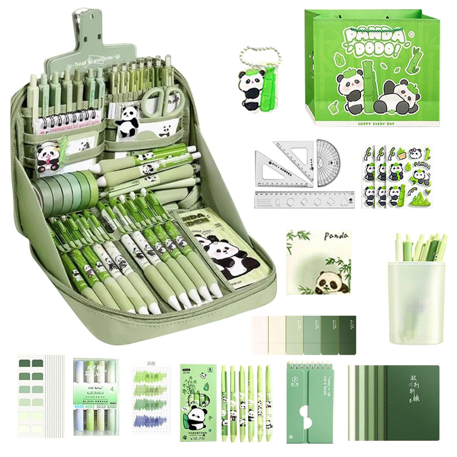 Generico Set Di Materiale Scolastico Panda - Kit Di Cancelleria | Essenziali Per Lo Studio, Include Righello, Taccuino, Portachiavi, Penne, Astucci, Linguette, Adesivi, Divertente Design A Te