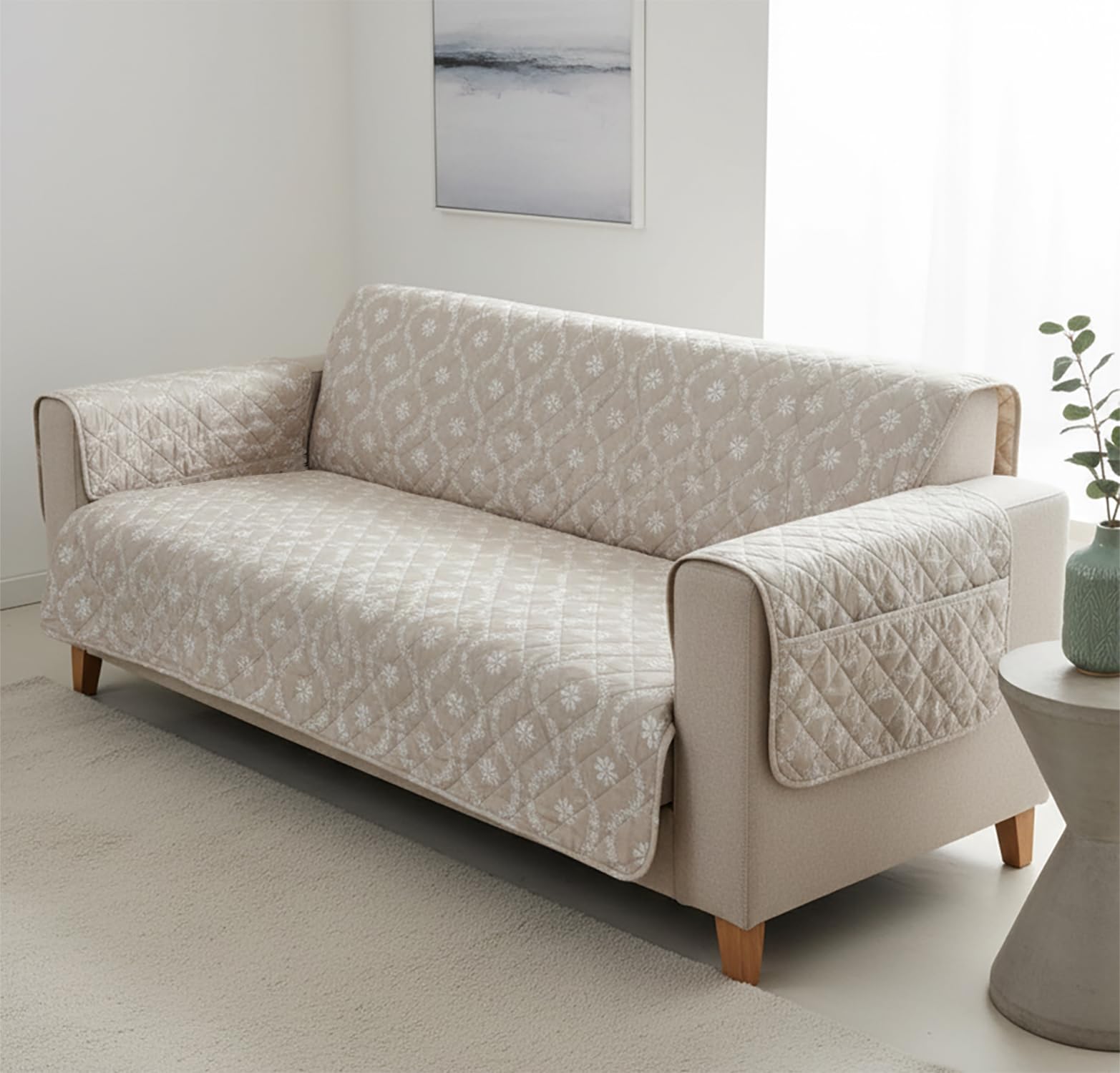 House of Quirk 'Mughal Series' Anti-Slip Sofa Cover Mat with Pocket | Polyester Couch Protector for Pets, Kids & Spills (Beige Blossom, 180x170cm, Three Seater)