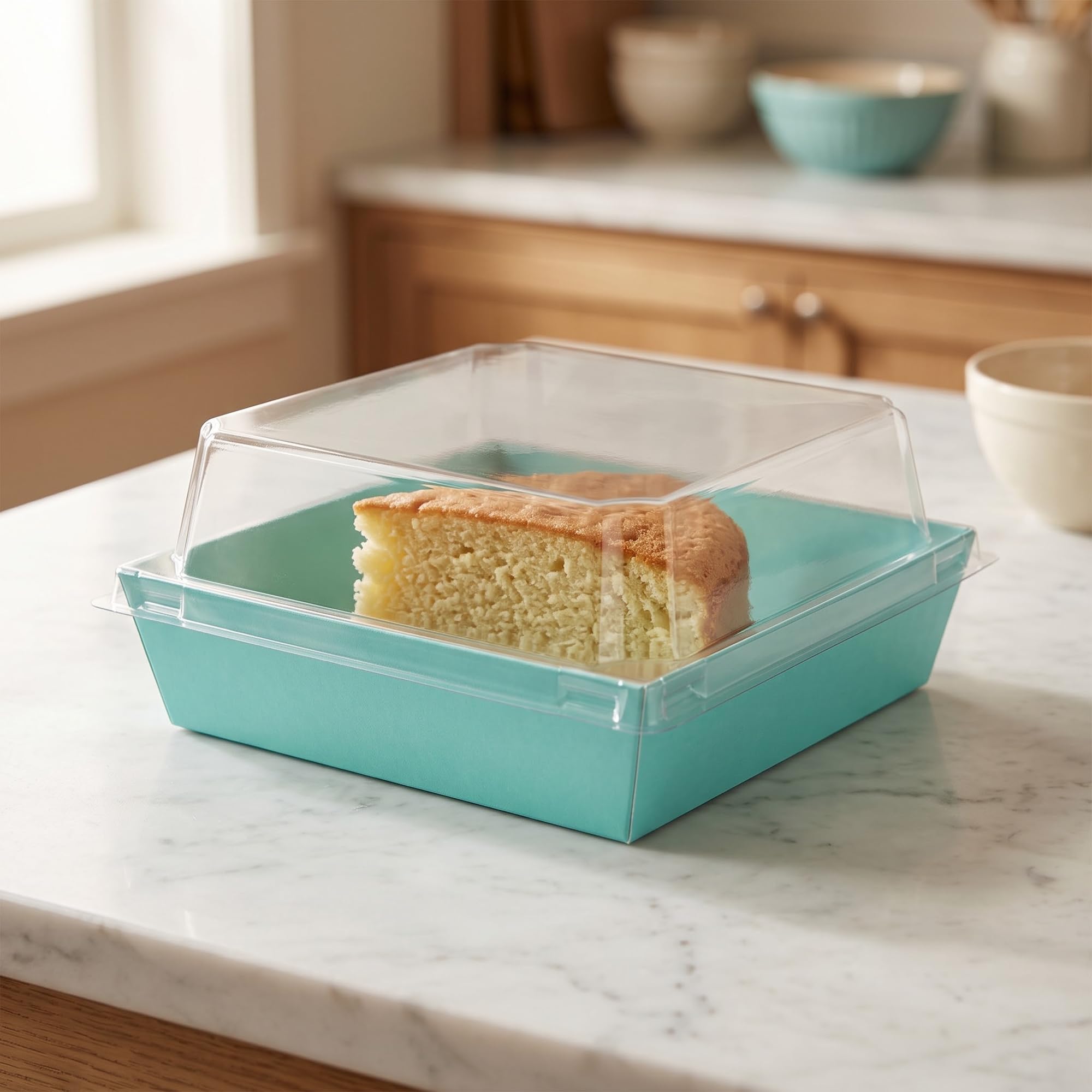 100 scatole quadrate per torte, 13,5 x 12,5 x 6 cm, in carta kraft, con coperchi trasparenti in plastica, scatole per dessert, cupcake, panini, biscotti
