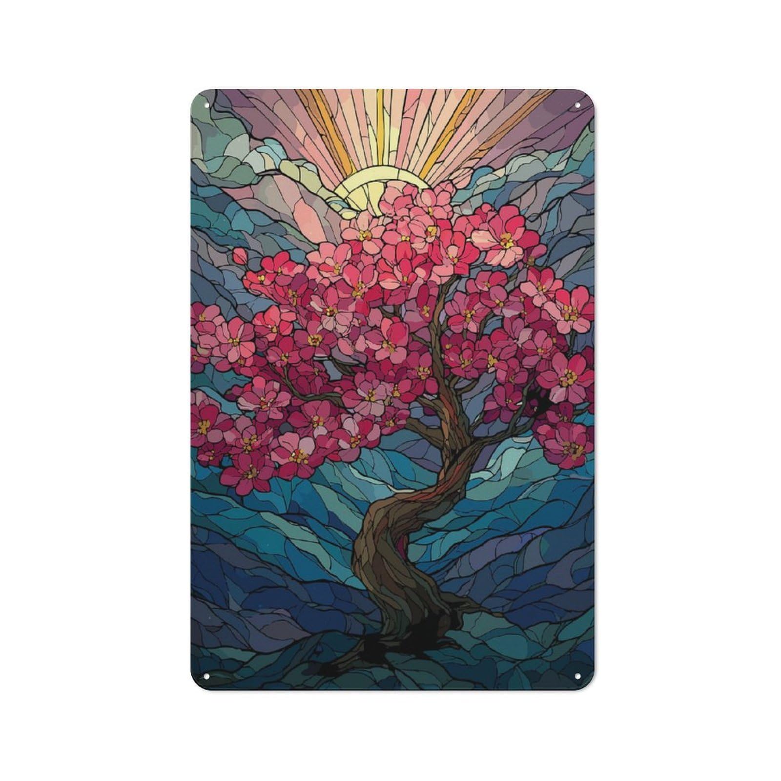 Junmoney Stained Glass Cherry Blossom Tree Tin Wall Plaque 30X20cm With For Workshop Wall, Suited To Makers And Diy Enthusiasts