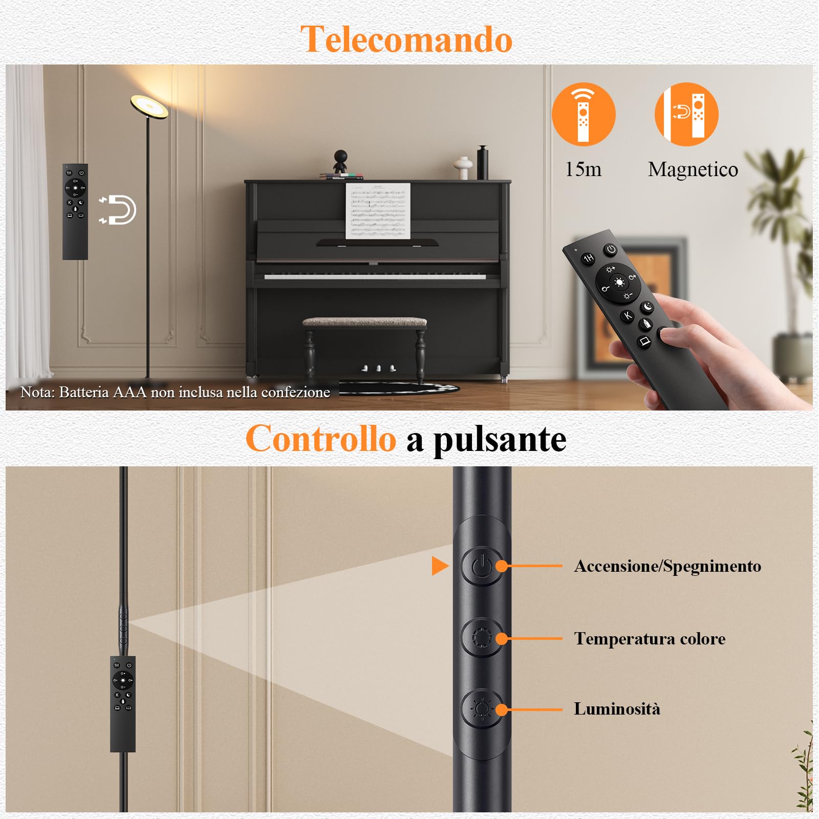 Lampada da terra dimmerabile LED 36 W, moderna lampada da soffitto con 2700 K-6500 K, dimmerabile, con telecomando e controllo touch per soggiorno, camera da letto, ufficio