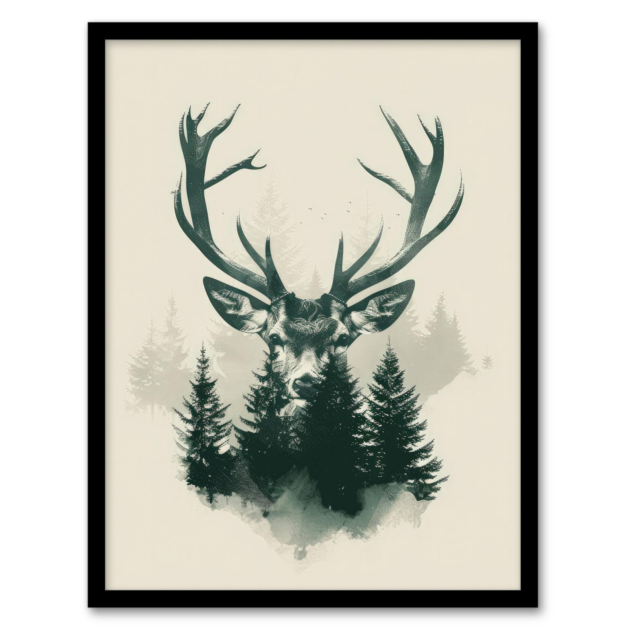 Artery8 Stag Head and Pine Trees Forest Design For Living Room Artwork Framed Wall Art Print A4