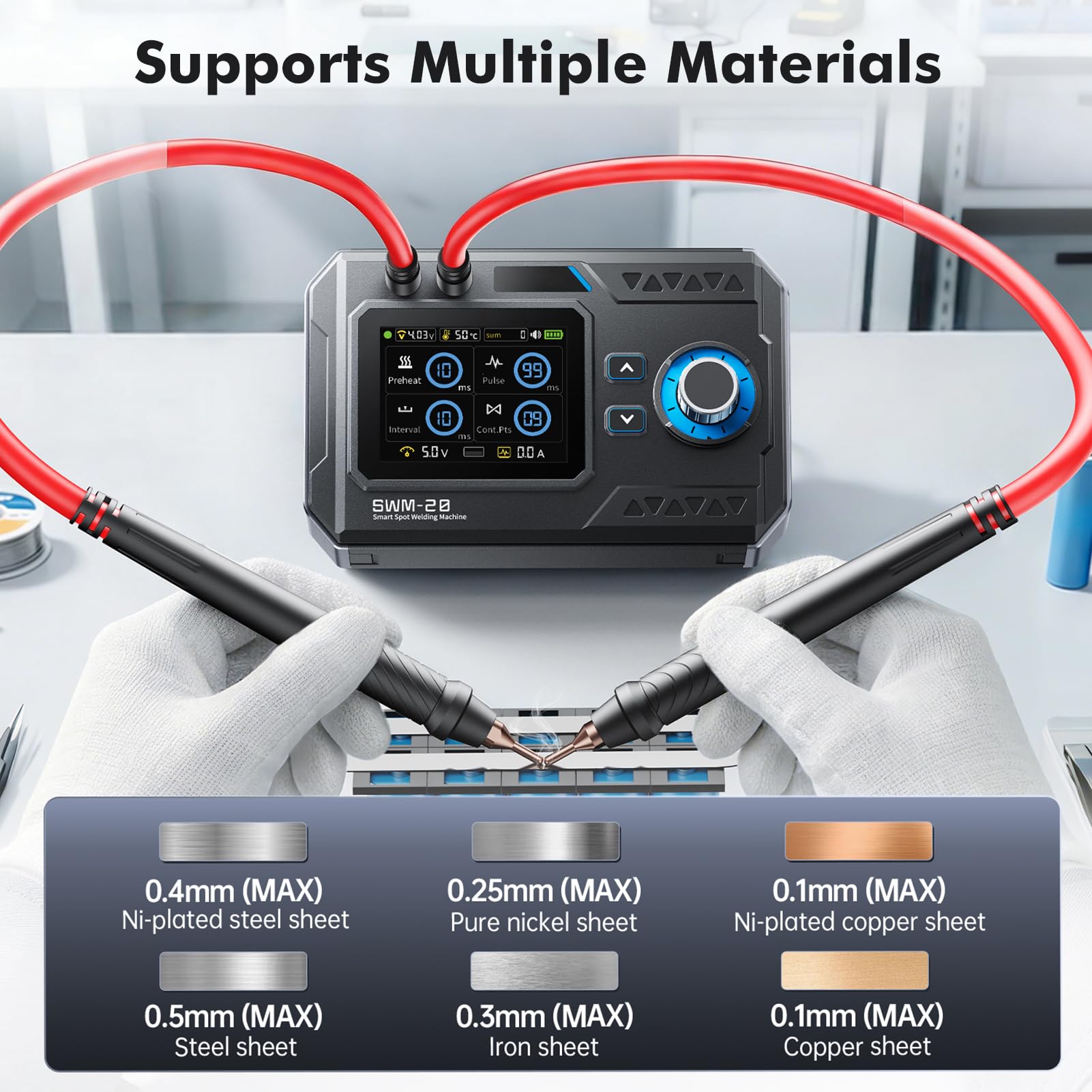 Soudeuse par Points, SWM-20 Poste à Souder à Batterie portable 5000 mAh avec double impulsion à courant élevé 1200 A quatre niveaux de puissance réglables pour tôles en acier inoxydable et en nickel