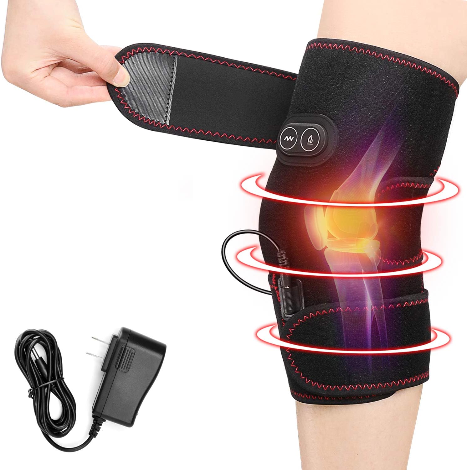 PKSTONE Heated Knee Brace Wrap, 3 Adjustable Heat and Vibration Knee Massager for Arthritis Knee Pain Relief Massaging Knee Pad with AC Adapter (No Battery)