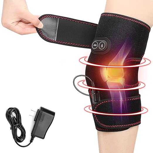 Heated Knee Brace Wrap, 3 Adjustable Heat and Vibration Massager for Arthritis Knee Pain Relief Massaging Knee Pad with AC Adapter (No Battery)