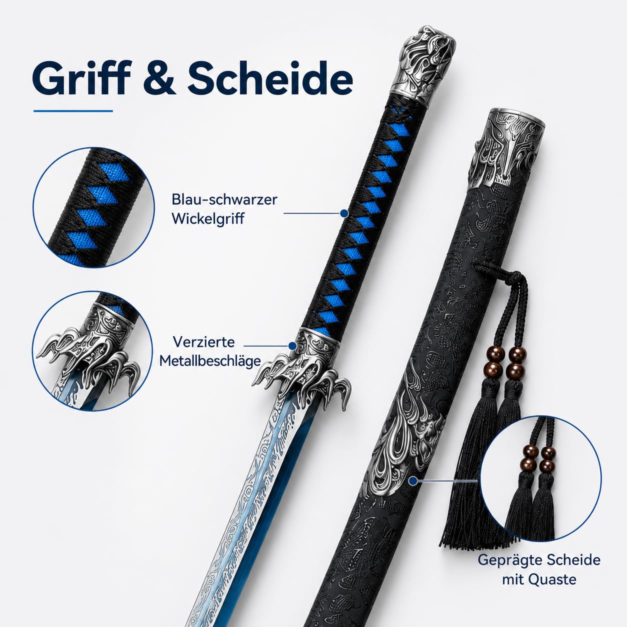 Katana Samurai Schwert - Japanisches Dekorationsschwert mit Blauer Klinge & Gravuren - Ungeschliffene Edelstahlklinge - ABS-Scheide - Perfekt für Sammler & Anime Deko