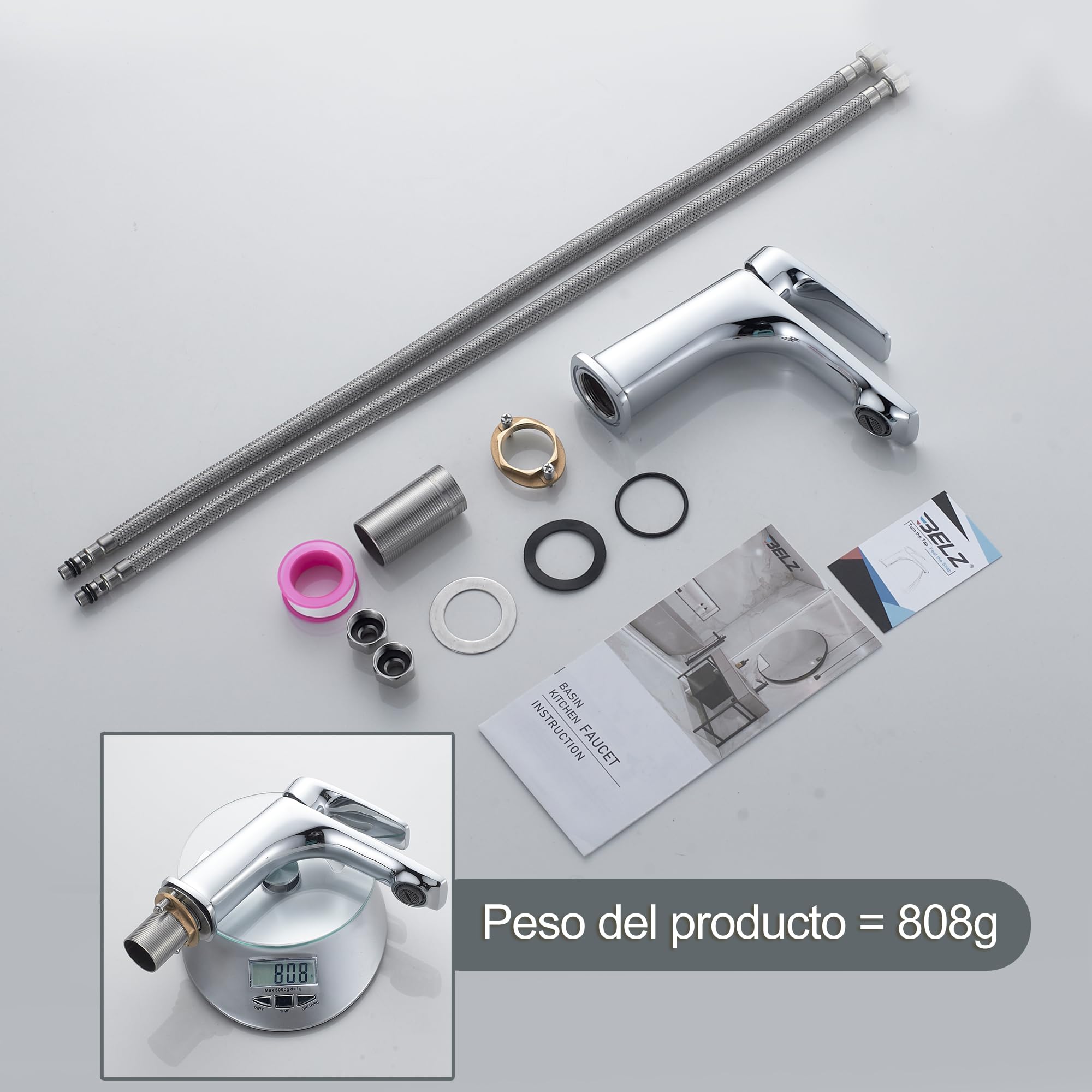 BELZ Grifo Mezclador Baño Latón, Monomando Cromado | Ahorro de agua, silencioso y fácil instalación. Cartucho cerámico antifugas, conexión G3/8.