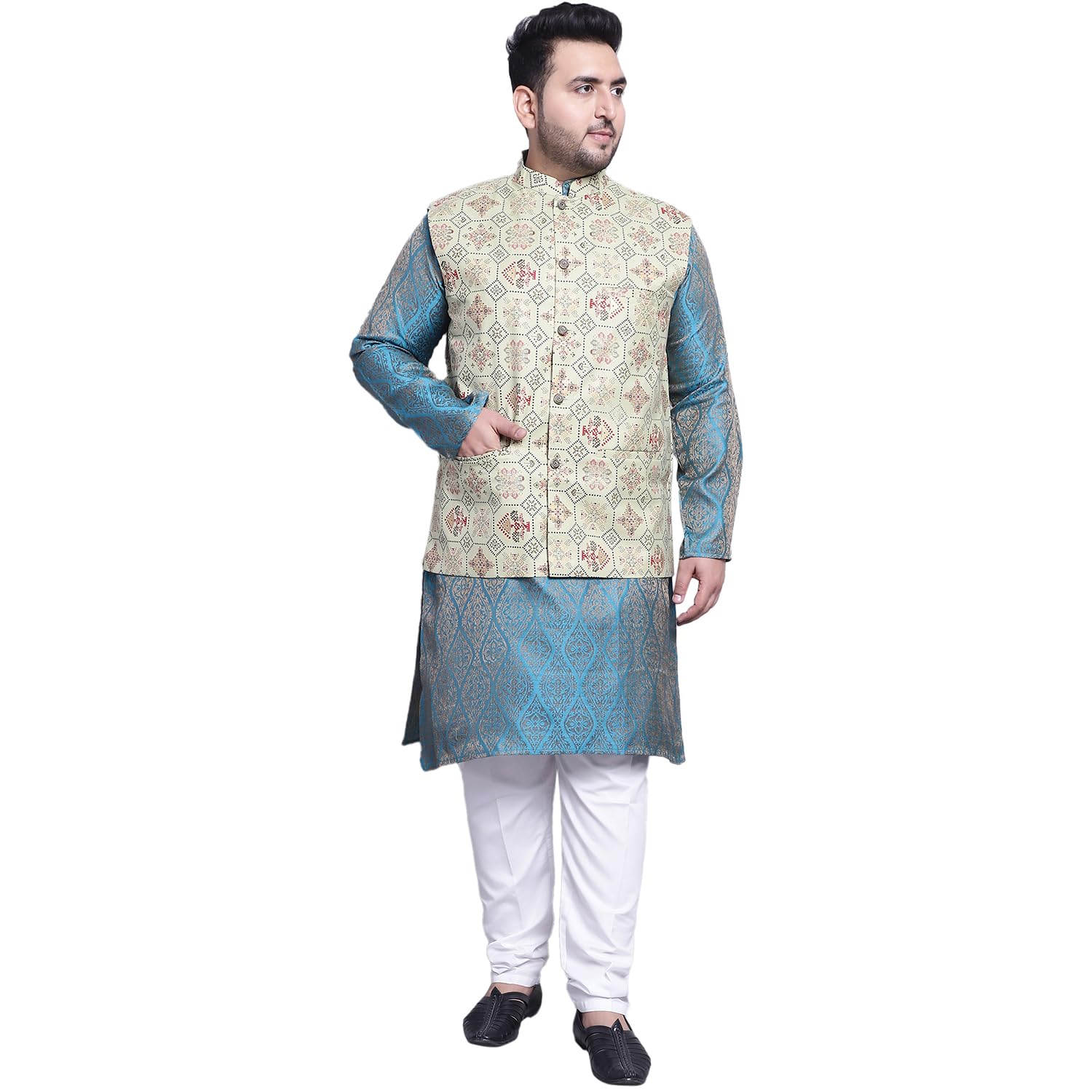 (Since 1958 Men's Silk Blend Teal Blue Kurta & Cream Printed Nehrujacket with White Pyjama Set-image-47