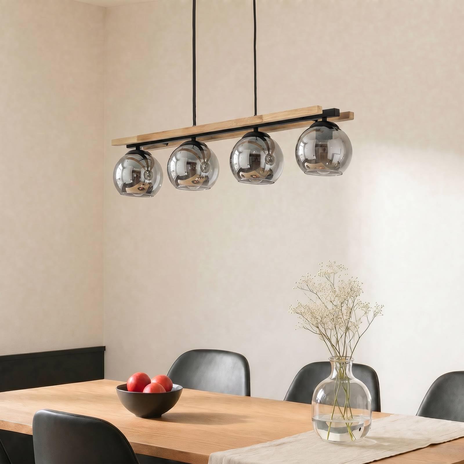 Lindby Esstisch Pendelleuchte Holz, Glas rauchgrau Hängeleuchte Rauchglas Esszimmer 4x E27 ohne Leuchtmittel Hängelampe Wohnzimmer Esszimmerlampe