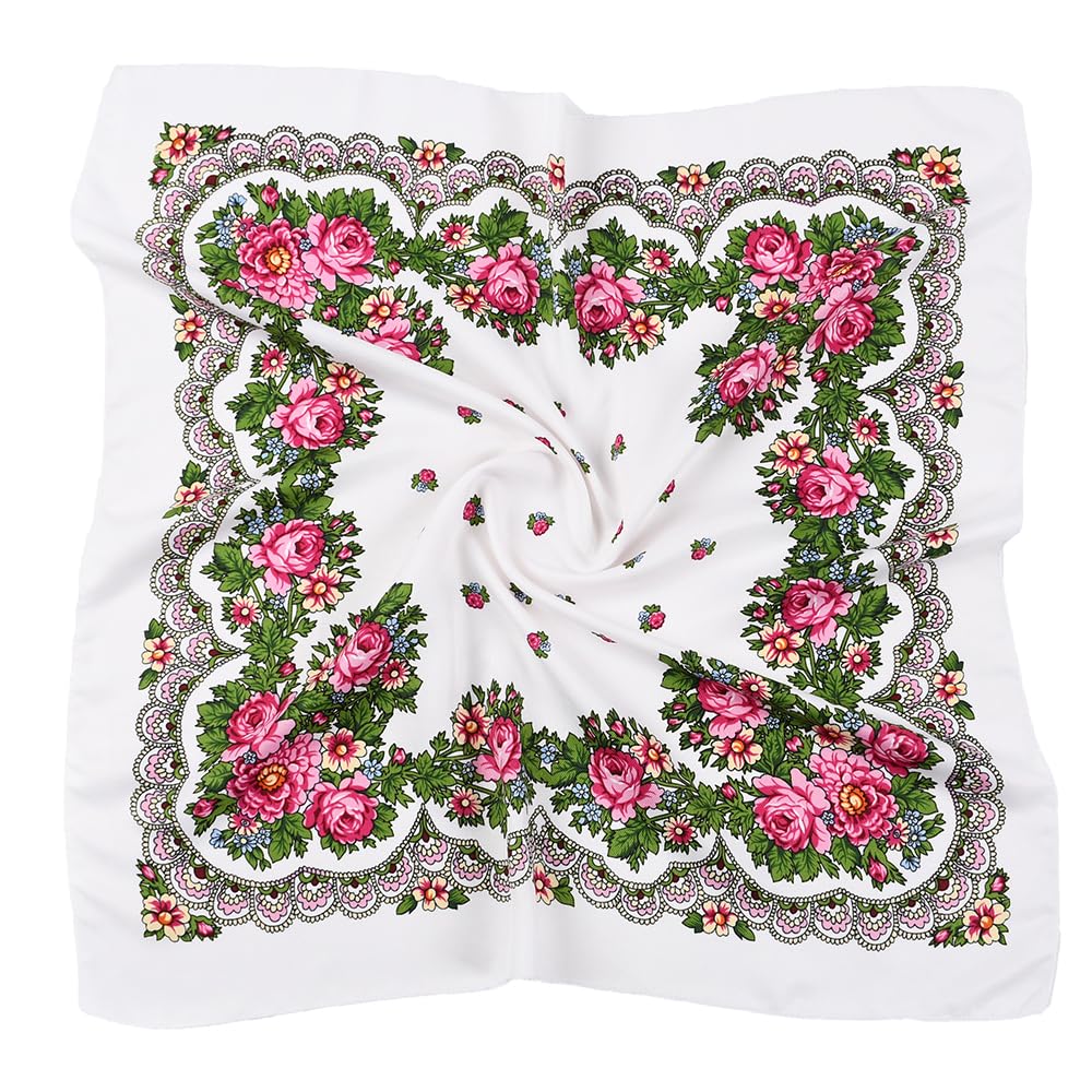 OLEETS Spring And Autumn Bohemian Style Flowers Head Scarf Shawl,70x70cm(White-A) Russian And Ukrainian Style Square Shawls Scarves