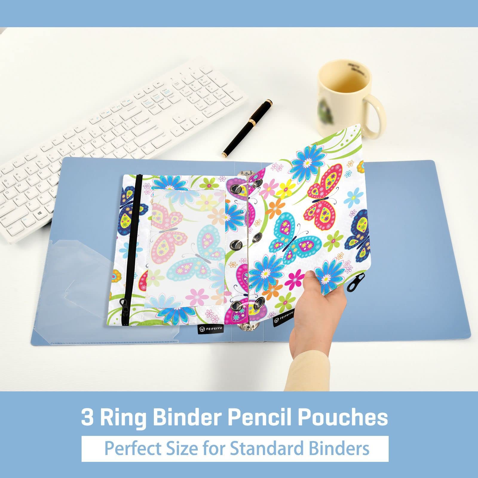 Estuche para lápices con 3 bolsillos para carpetas de anillos, paquete de 2 bolsas con cremallera, mariposas de colores, flores, carpeta transparente de 3 agujeros para carpetas de 3 anillos