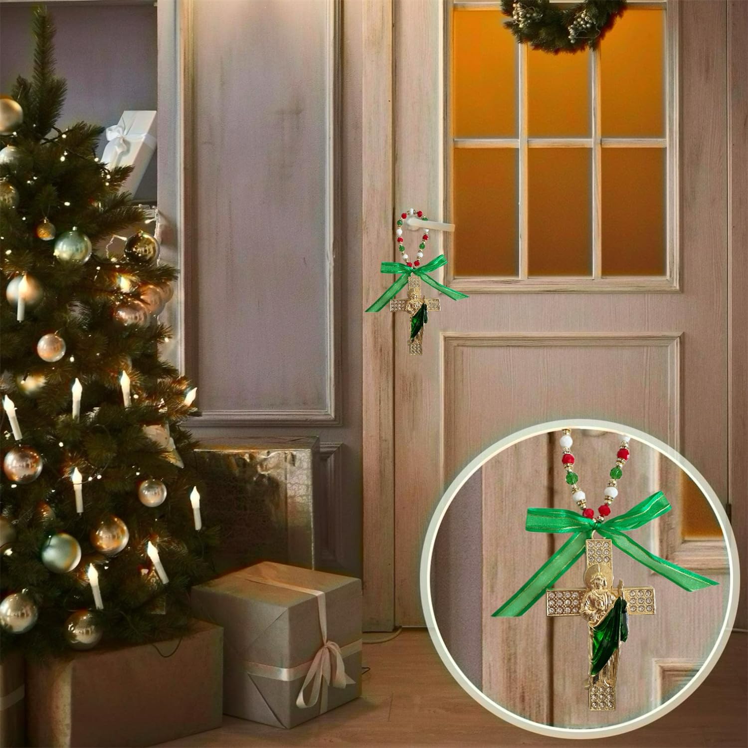 Bovemee Saint Jude Medal Crucifix Door Hanger, 2 Pieces, Catholic Gifts with Saint Benedict, Virgin Mary Medal, Christian Prayer Cross Home Decor (2PCS Green Saint Jude Cross) - Image 3