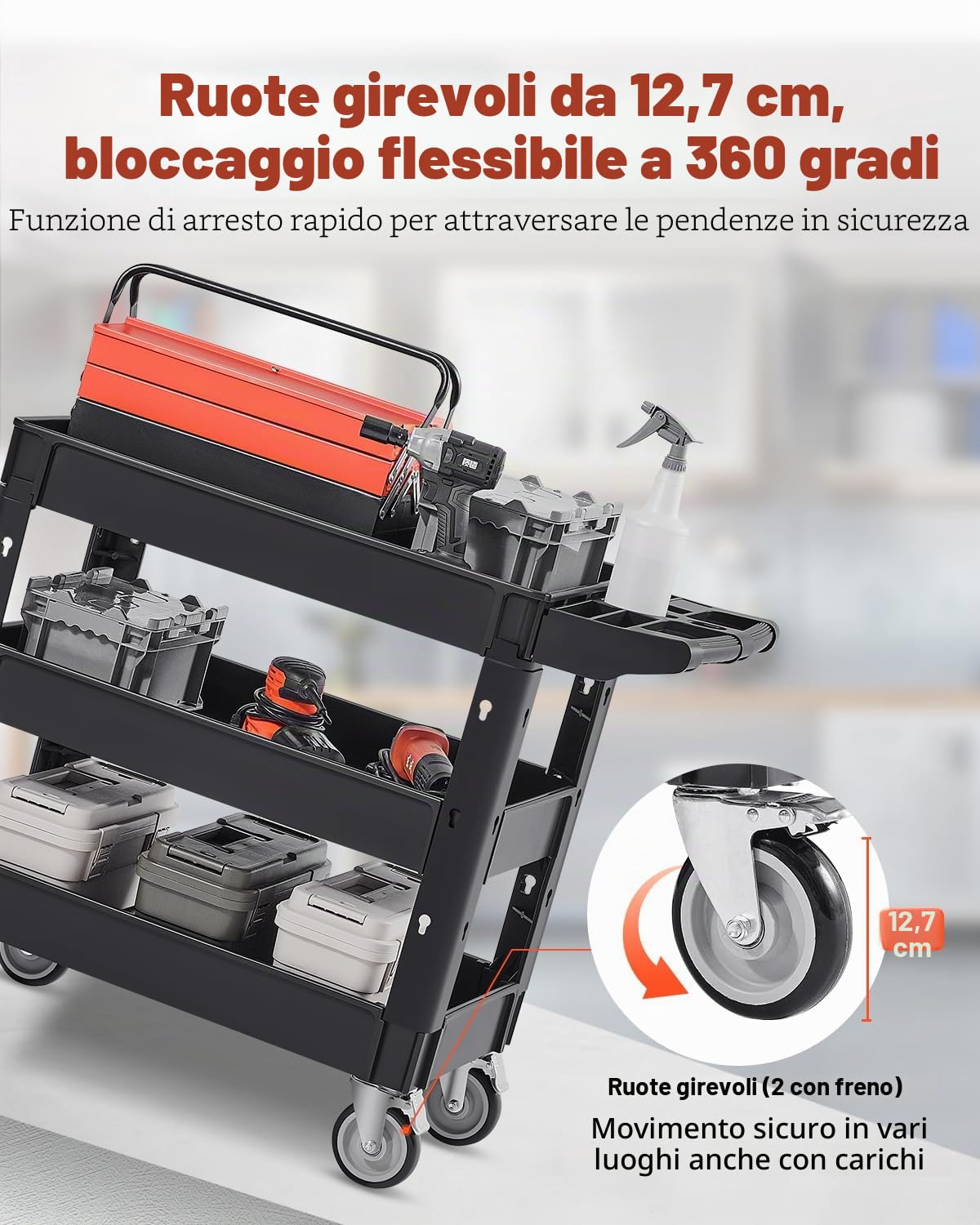 VEVOR Carrello di Servizio 103x43,5x85,7cm Carrello a Mano Multiuso 3 Ripiani Capacità Totale 249kg, Carrello a Portata Ruote Girevoli 360° 2 Ruote con Freni, Carrello Portaoggetti da Garage Giardino