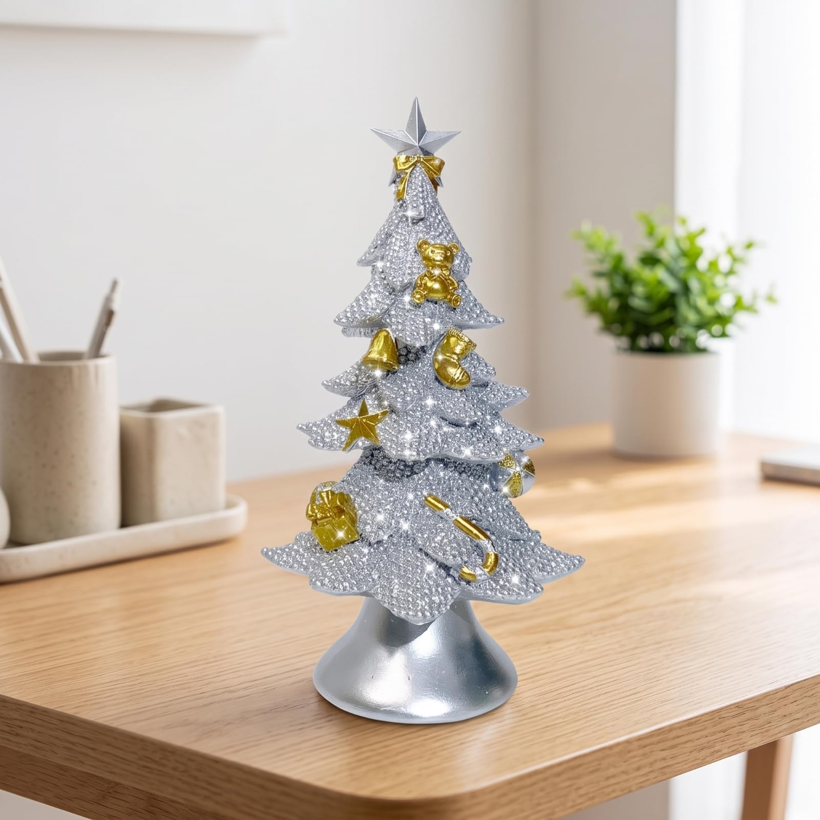 Sapin Noël en Résine Stable Sapin Miniature avec Étoile Charmant Mini Décoration Noël pour Bureau, Doré, Doré