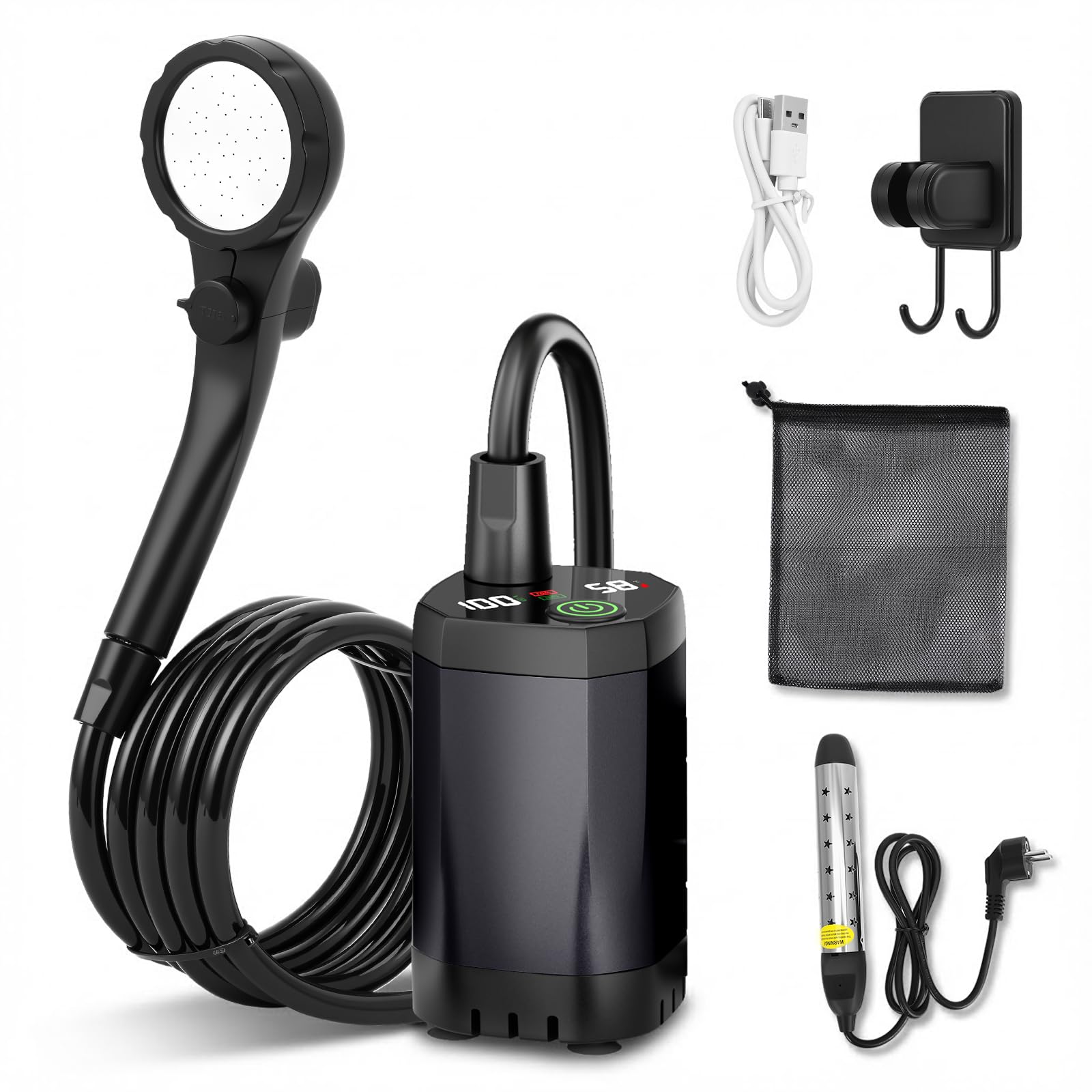Douche de Camping avec Batterie 6000 mAh, Pompe et Tuyau d'arrosage de 200 cm, Douche Mobile pour Le Jardin, Le Lavage de Voiture, Les Animaux, la Plage et Les Voyages