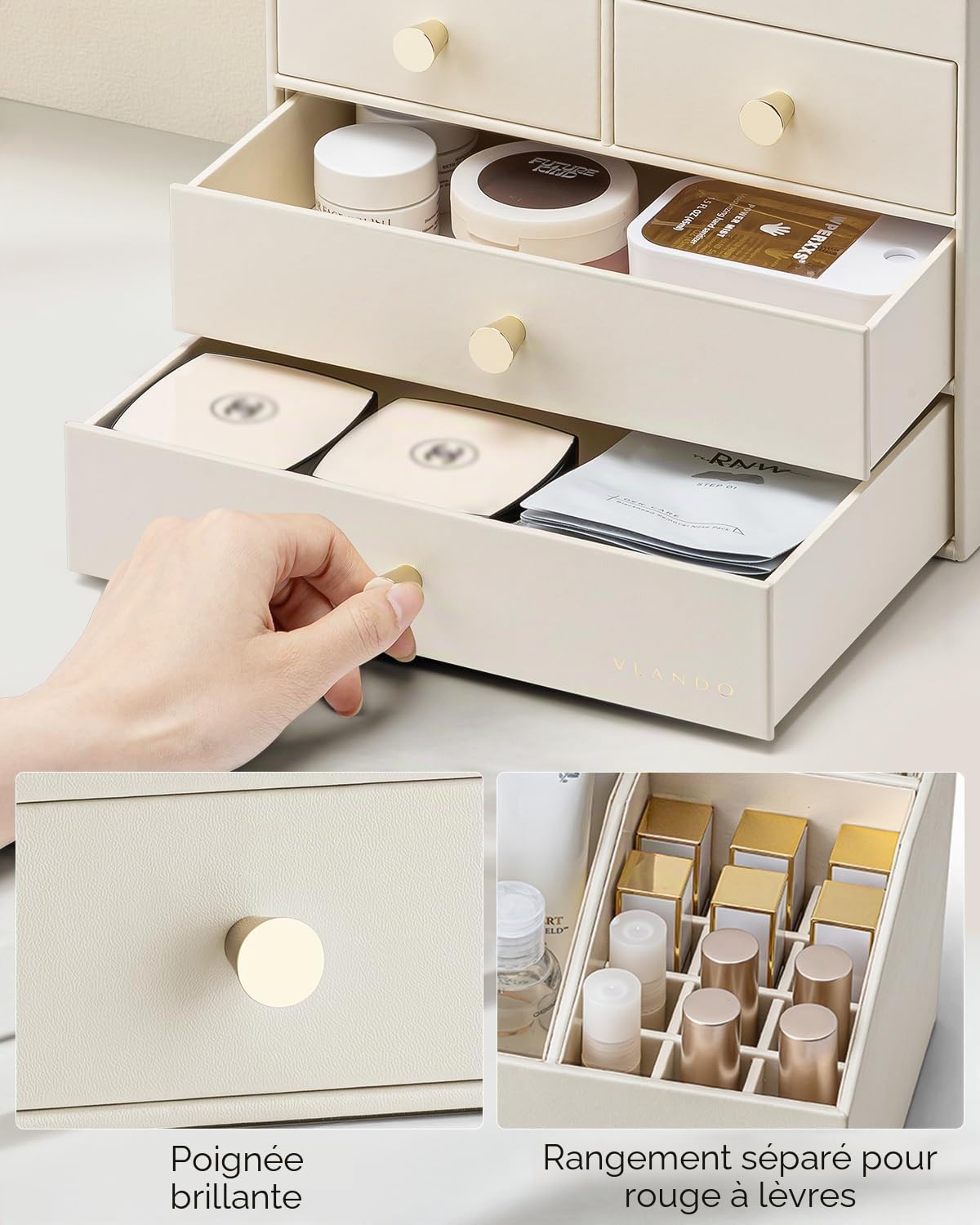 Vlando Organisateur de maquillage avec 4 tiroirs, Organisateur de table de maquillage, Organisateur de cosmétiques, Organisateur de maquillage pour salle de bain, Organisateur de soins de la peau pour