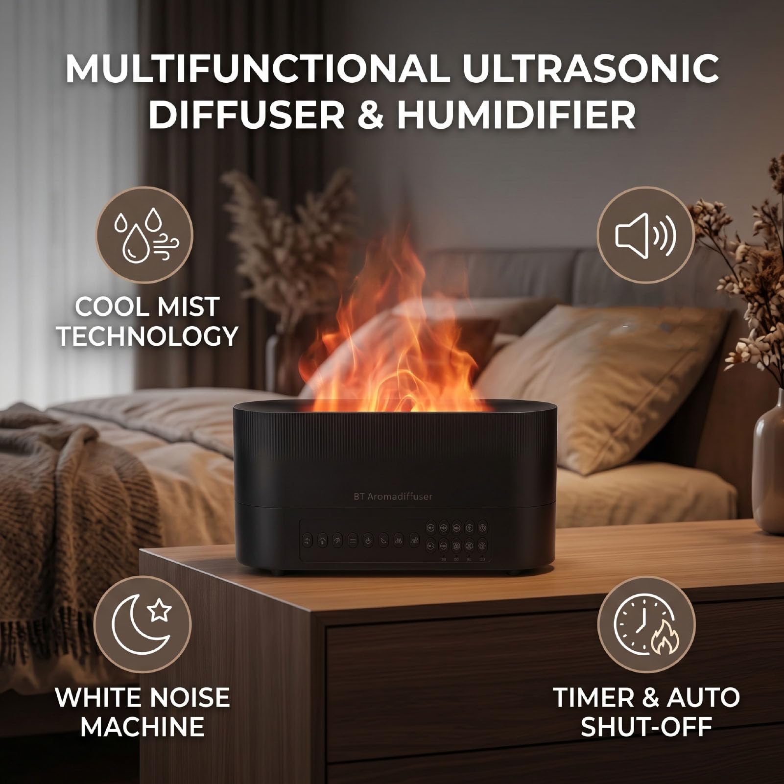 Umidificatore con Diffusore di Olio con Altoparlante, 260 Ml | Rumore bianco e luce notturna, timer intelligente, spegnimento automatico, nebbia fredda silenziosa, alimentazione USB