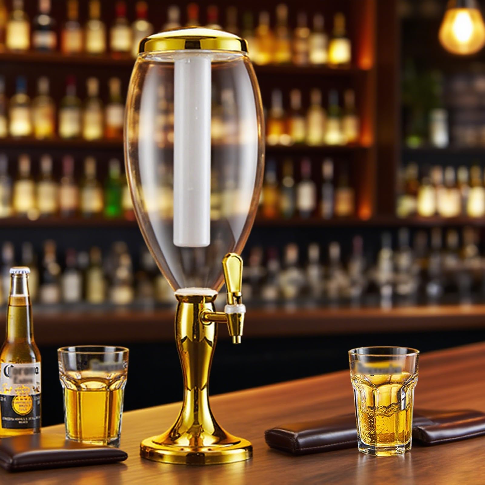 UrbanUp Dispensador de Cerveza Dispensador de Cerveza Tipo Torre, Artículos para Bar de Mimosa, Enfriador de Bebidas Luminoso, Dispensador de Bebidas con Cilindro de Hielo y Grifo(Gold,5L)
