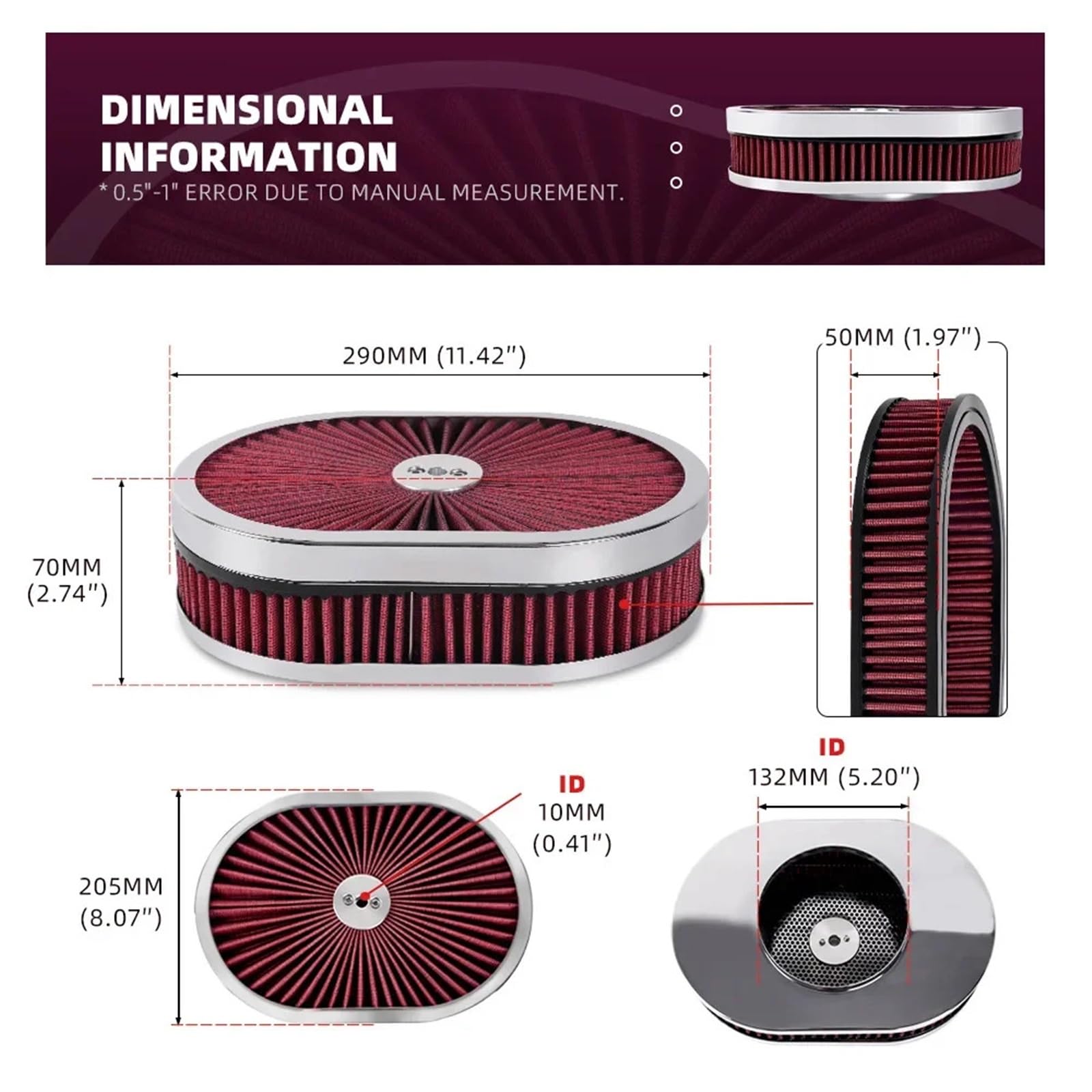 Filtro de aire para moto Compatible con Chevy Compatible Ford Conjunto de filtro limpiador aire ovalado alto flujo cromado 12 "x 2" Cuello carburador 5-1/8 "con tapa(Red)