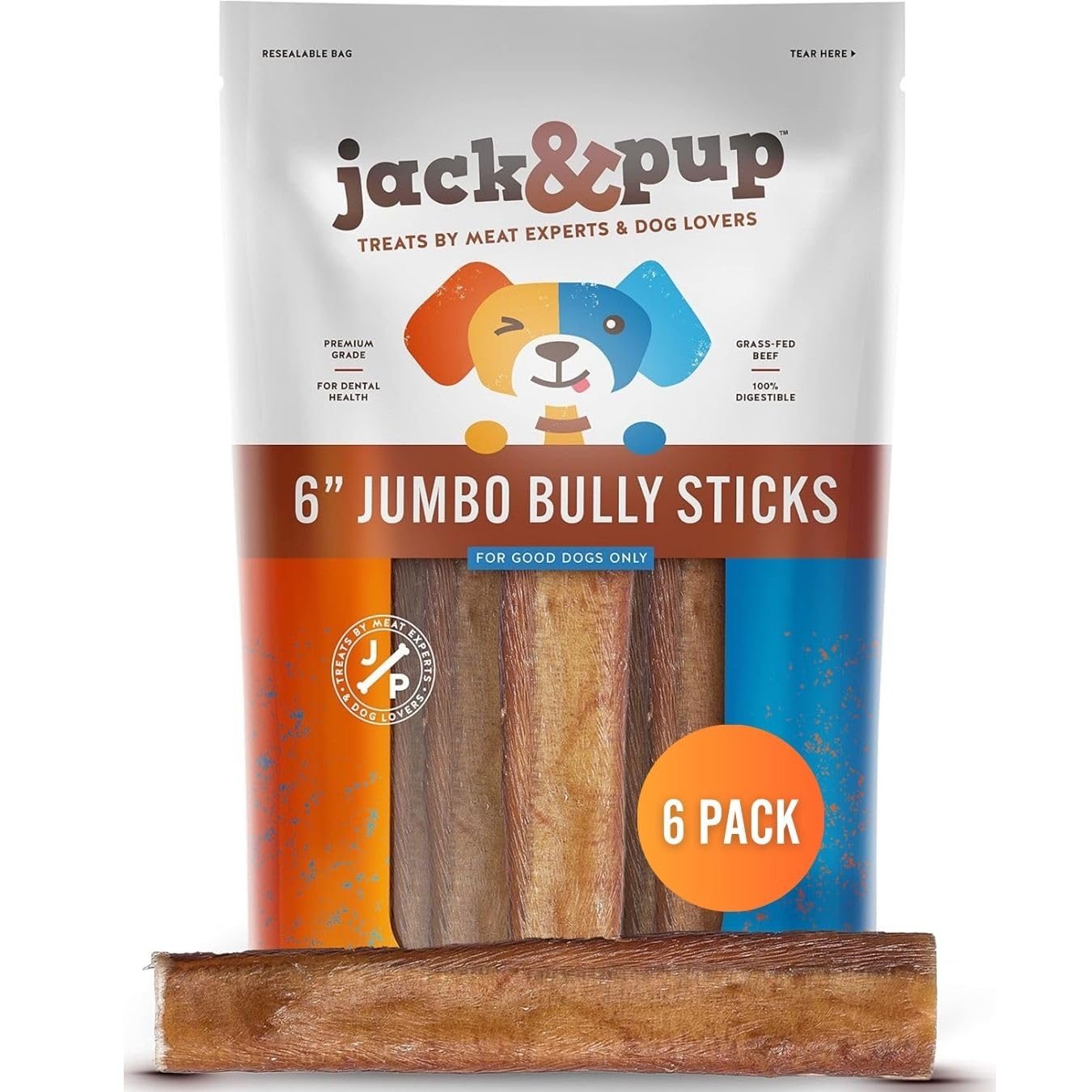 Jack&Pup 6-inch Jumbo Bully Sticks (6 Pack) Single Ingredient, Extra Thick Pizzle Sticks for Dogs | Longest Lasting Bully Sticks for Medium to Large Dogs