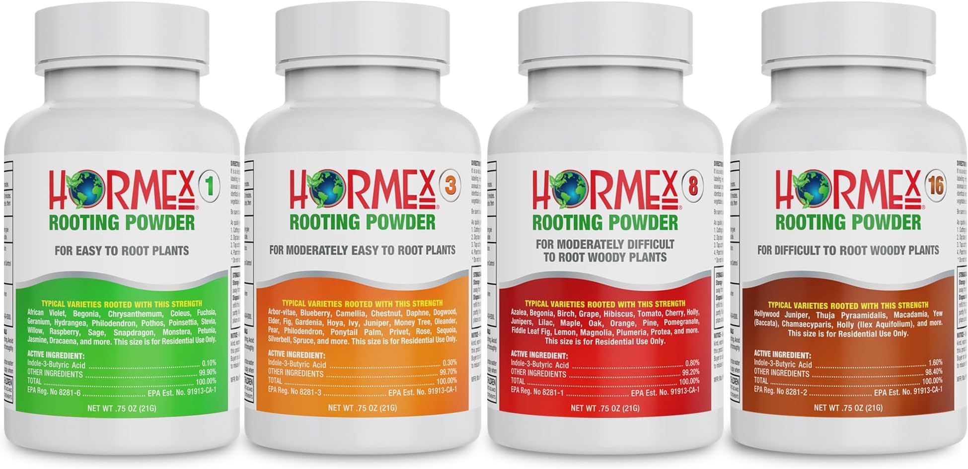 Hormex Rooting Powder Combo #1, 3, 8, 16 (0.10-1.6 IBA) for Delicate & Common Houseplants to Hardwood - Root Powder, Root Stimulator for Plants, Rooting Hormone for Cuttings, Cloning, & Propagation