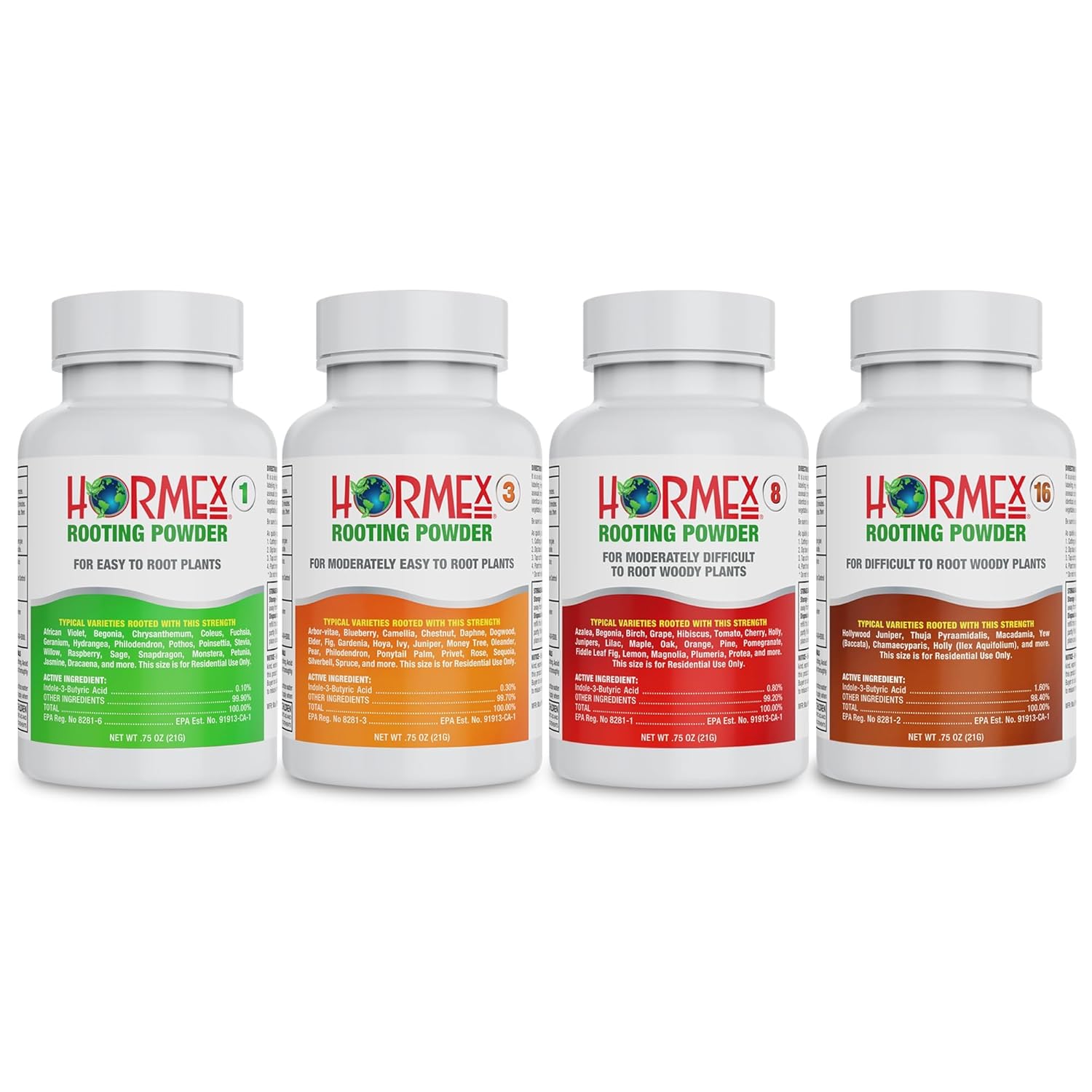 Hormex Rooting Powder Combo #1, 3, 8, 16 (0.10-1.6 IBA) for Delicate & Common Houseplants to Hardwood - Root Powder, Root Stimulator for Plants, Rooting Hormone for Cuttings, Cloning, & Propagation