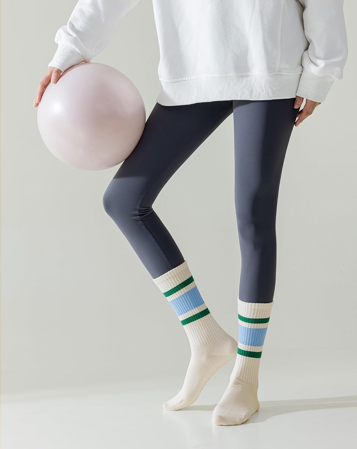 Yawlsow 3 Pairs Pilates Grip Socks for Women Yoga Grippy Striped Retro Crew Socks Non Slip Sticky Barre Sock with Grippers - Image 7