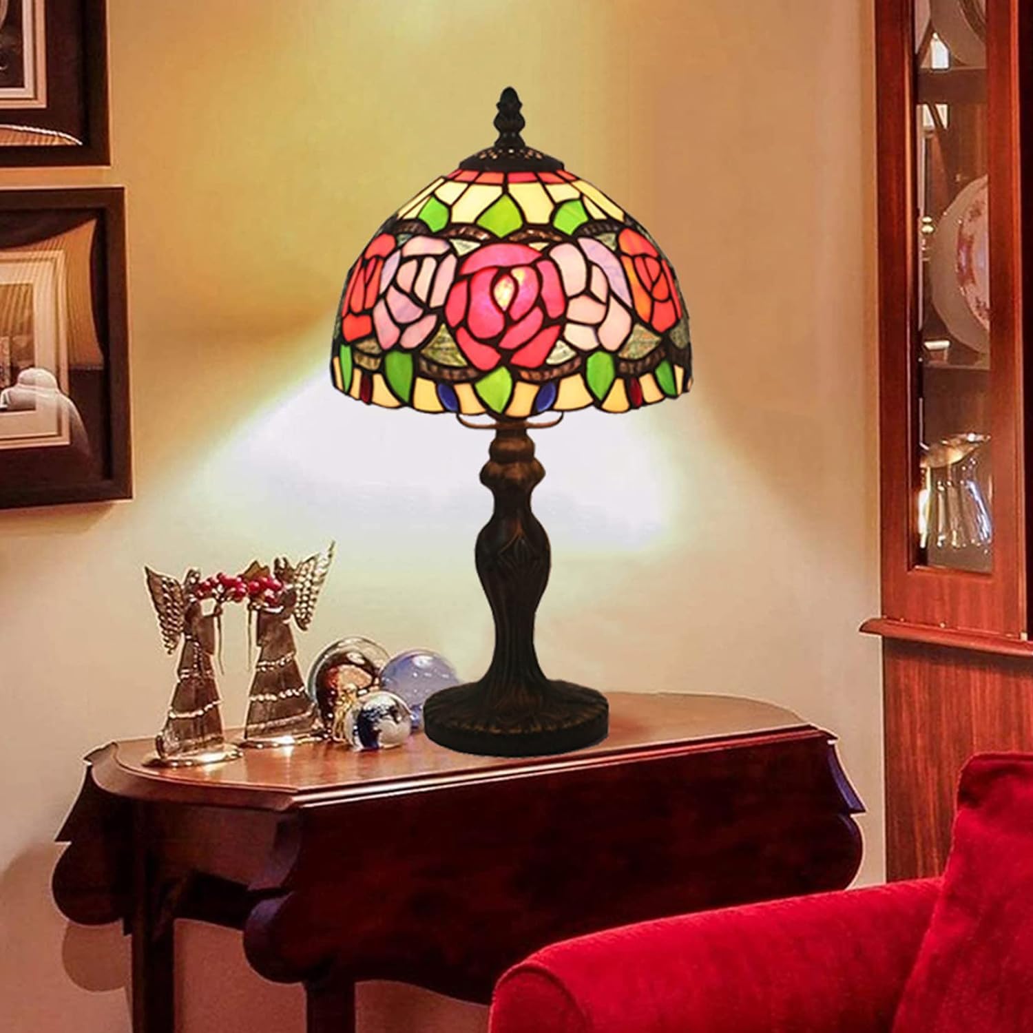 Lampa różana, lampa stołowa w stylu Tiffany'ego lampka nocna, sztuka kwiatowa witraż na biurko akcentująca lampka nocna dla dziewczyny kochanka sypialnia salon, prezent urodzinowy, 8 * 15 cali (D)
