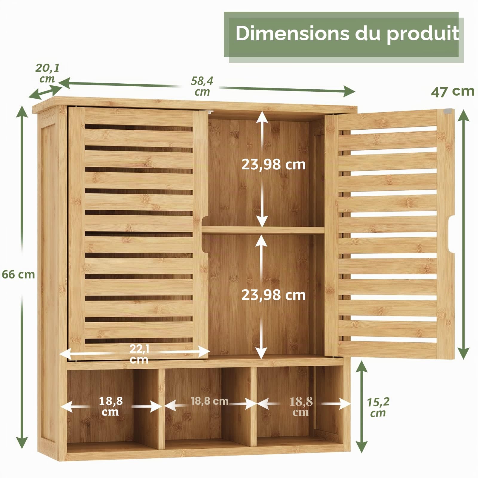 VIAGDO Armoire Murale de Salle de Bain, Meuble de Rangement avec 3 Compartiments Ouverts et Étagère Réglable, Armoire à Pharmacie Suspendue en Bambou avec 2 Portes, 59 x 21 x 67 cm