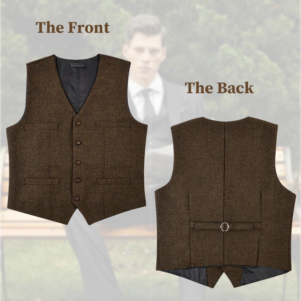 Men's Vests Suit Vests Formal Business Sleeveless Solid Color V-Neck Cotton Tweed Vest with Pocket for Wedding, Business Party, Daily Wear image 3