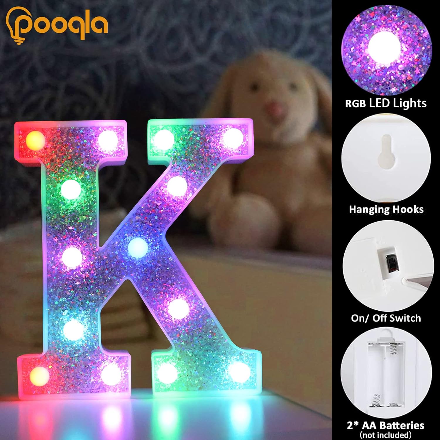 Pooqla Colorful Light Up Letters, Silver LED Marquee Letter Lights Battery Operated,16 Colors Glitter Alphabet Letter Sign Night Lights for Girls Birthday Party Wedding Bedroom Decoration, Letter &