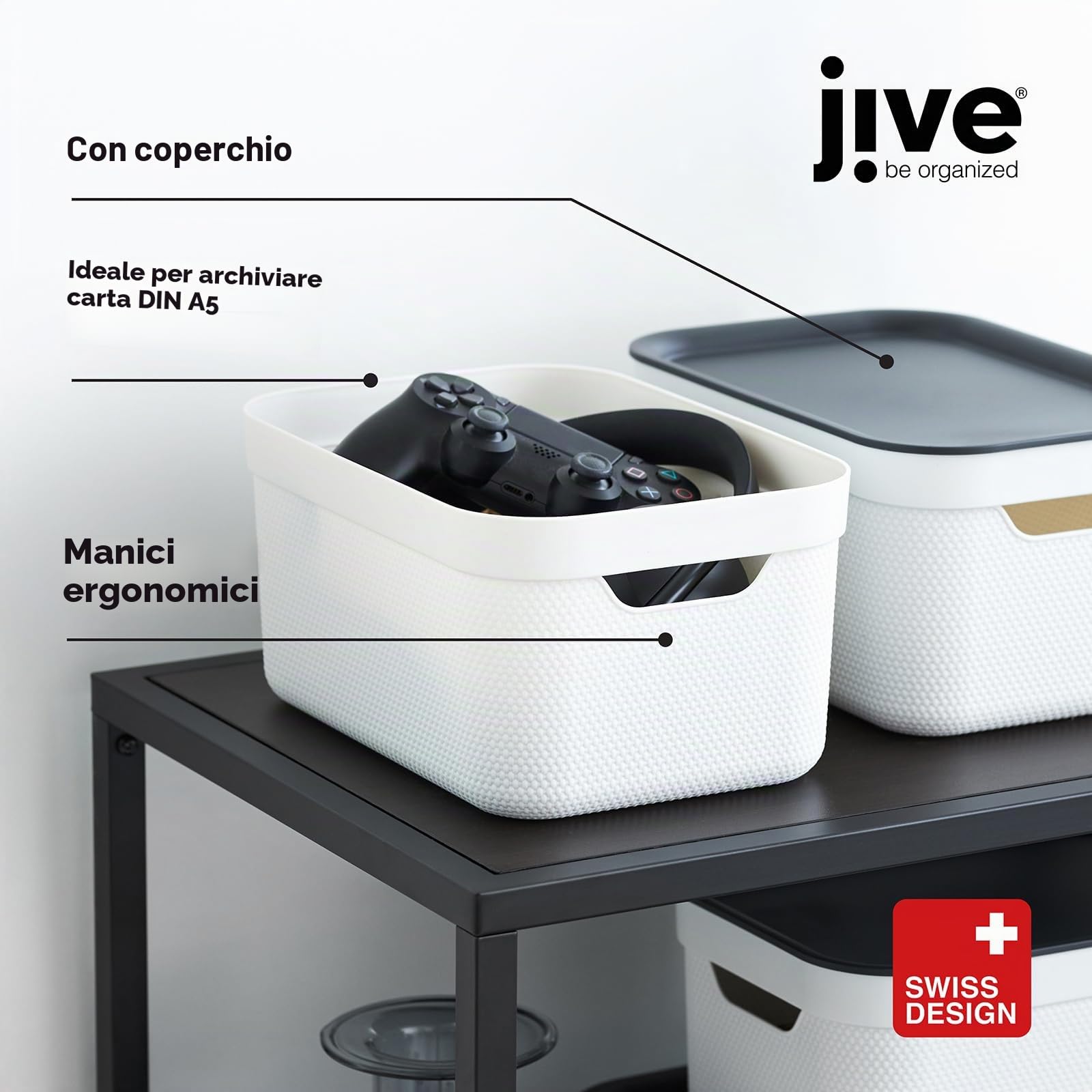 Jive Dekobox - Set da 3 scatole decorative portaoggetti da 5 l con coperchio, plastica (PP riciclato), nero, 3x5 l (26.5 x 18.5 x 13.5 cm)