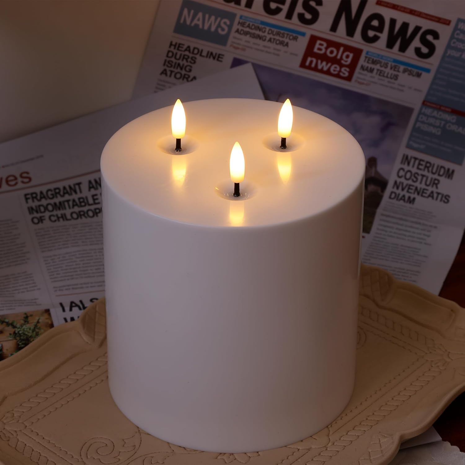 6" x 6" Extra Large Outdoor Waterproof Flameless Candle with 3 Wick, White Plastic Battery Operated LED Candle with Remote and Timer, Flickering Fake Pillar Candles for Garden Patio Porch Home Party