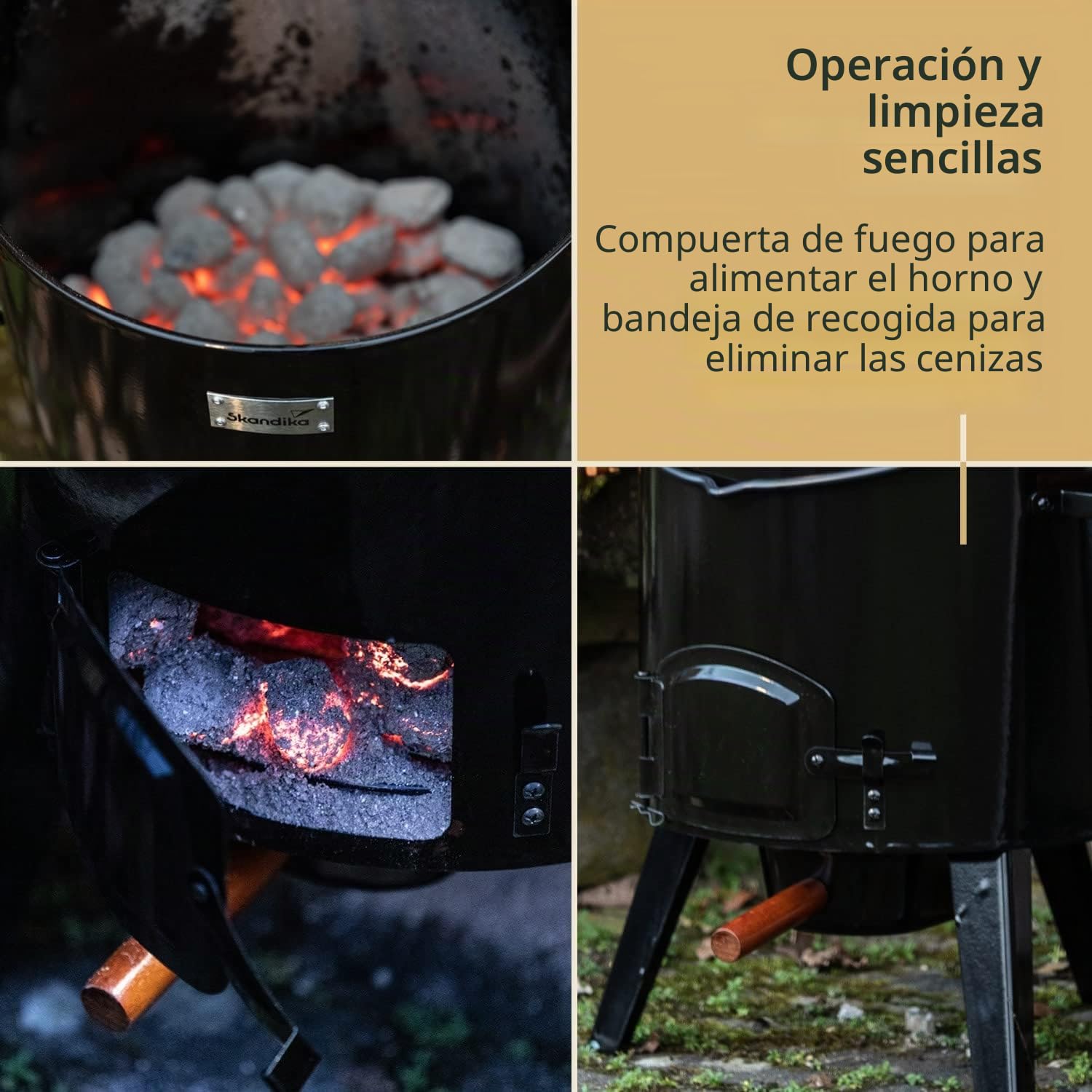 Skandika Olla/Horno Húngaro para 14 litros, termómetro en la tapa, accesorios, cucharón sopa, guante horno, pinzas y parrilla para barbacoa, asas de madera, tubo de chimenea variable