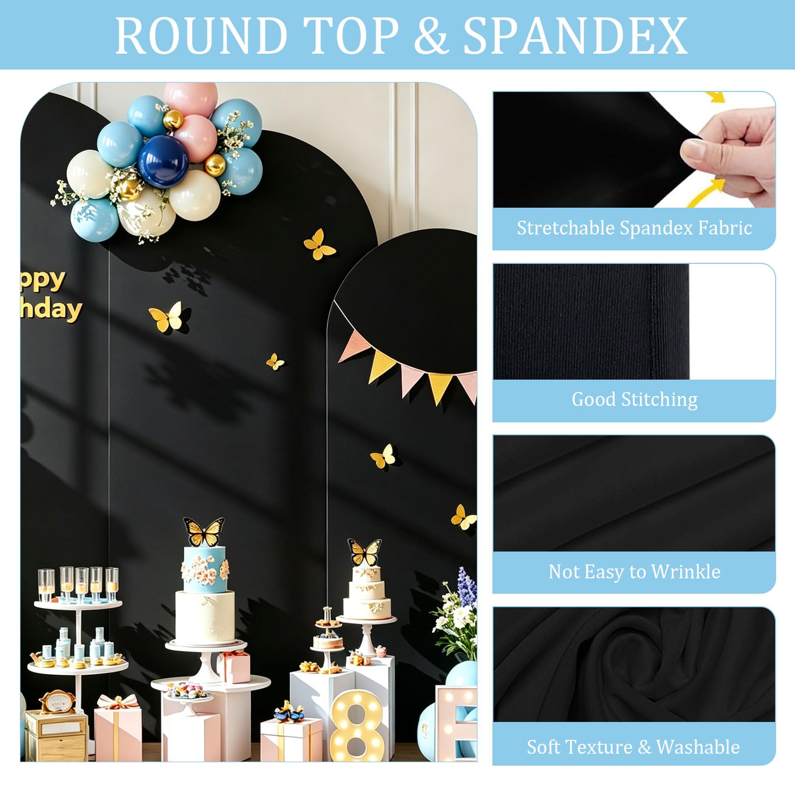 Arc de fond - Toile de fond double face avec dessus rond, fond photo pour mariage, anniversaire, cérémonie, fête et banquet (noir, lot de 3)