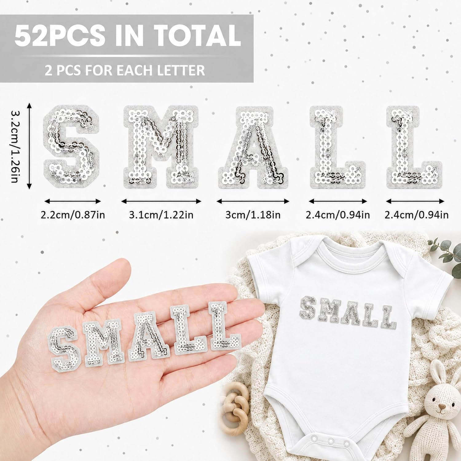 Small Sequin Iron on Letters, 1.25 inch 52PCS White Letters Patches