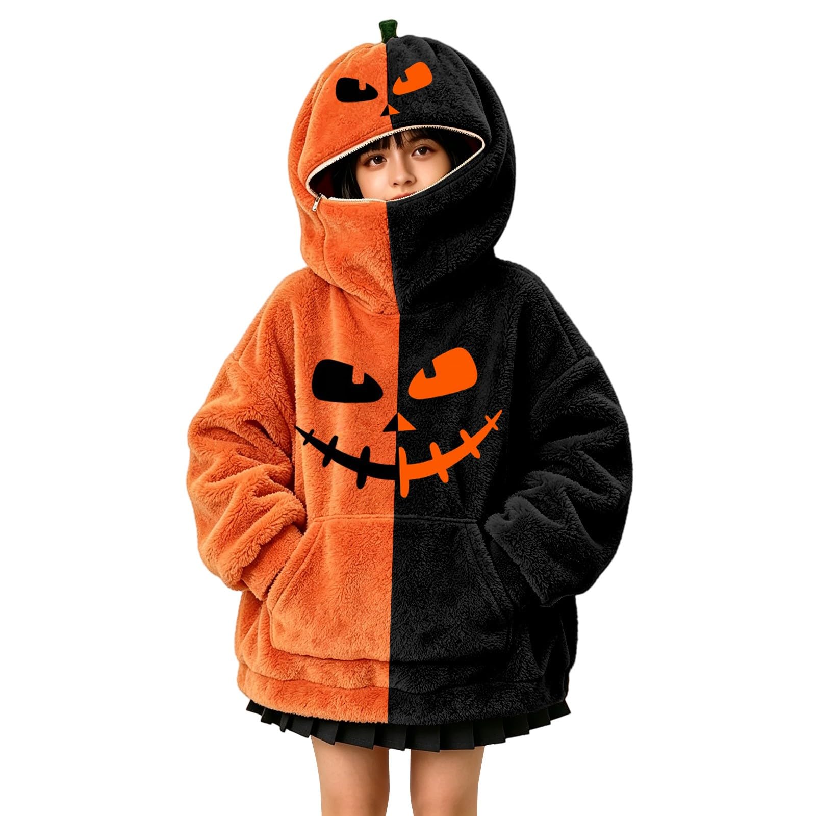 Sudadera con capucha para niñas, color calabaza, mullida | Sudadera con capucha de dos tonos para fiesta de Halloween, suave, esponjosa, cálida, acogedora, para otoño, invierno
