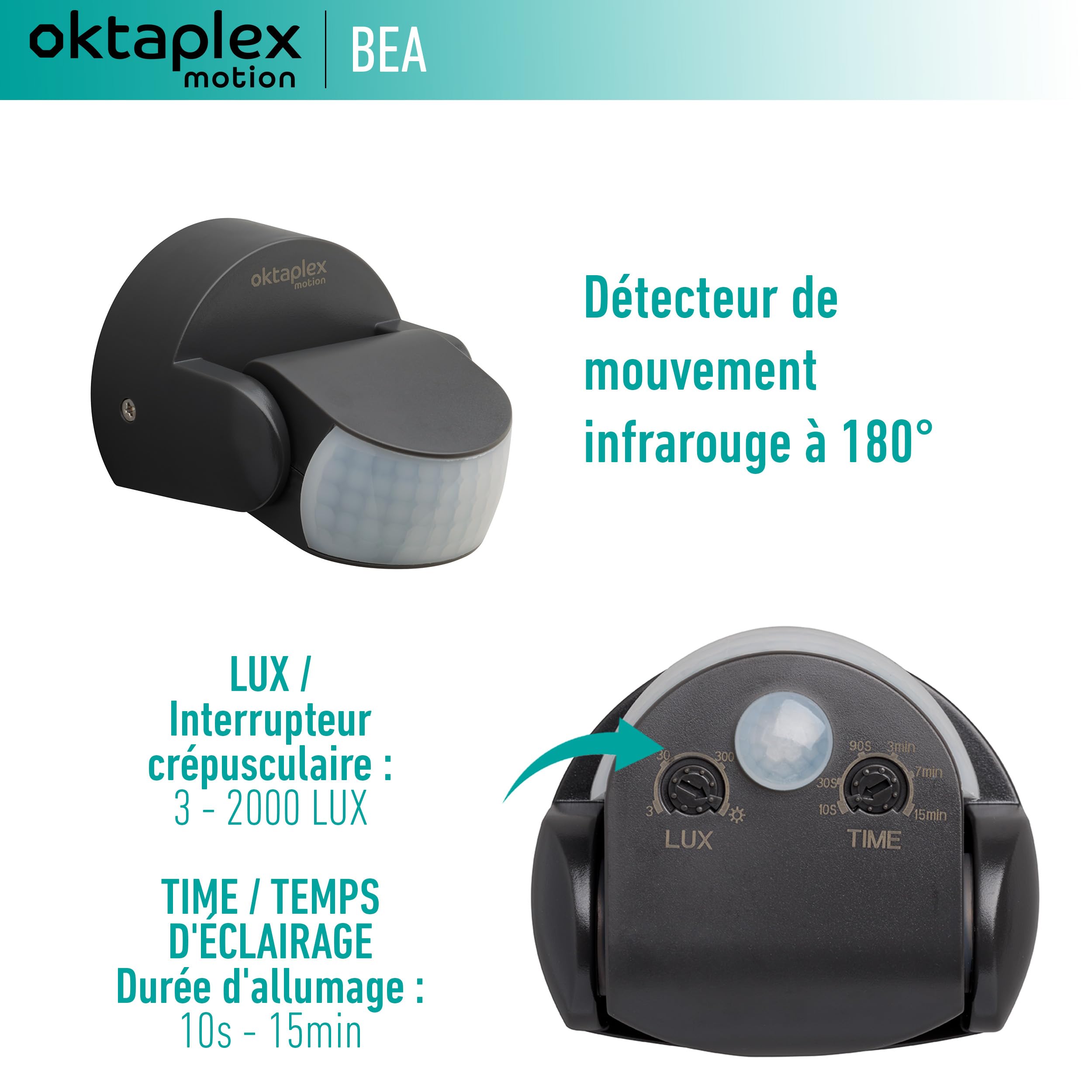 Oktaplex Bea détecteur de Mouvement extérieur IP65 | PIR à 180° avec portée de 12 m, orientable avec détecteur crépusculaire pour montage en saillie