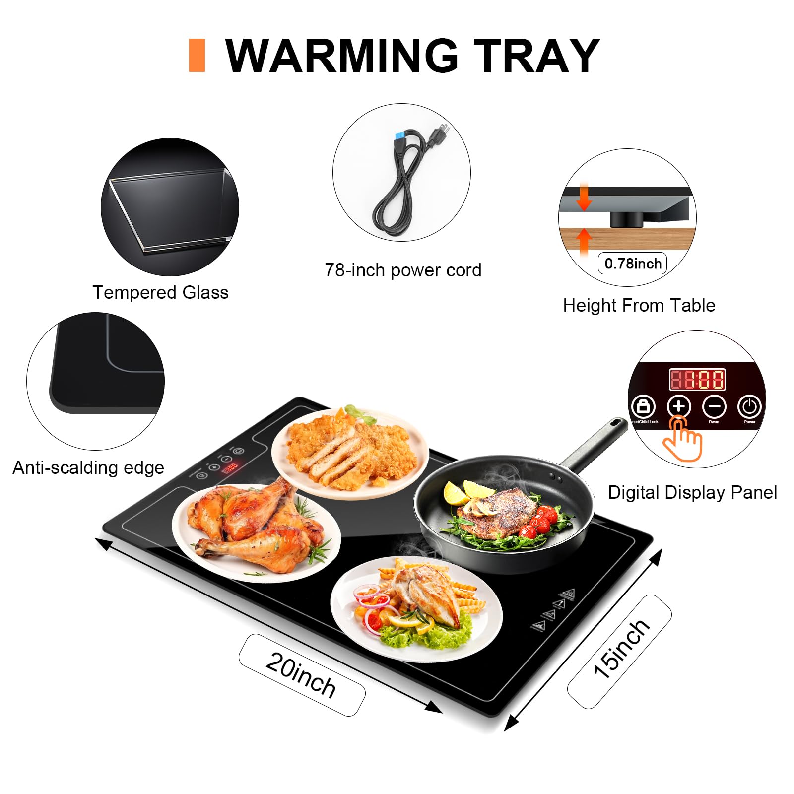 Bandeja eléctrica de calentamiento de calor, calentador de superficie completa de 20 x 15.2 pulgadas con termostato, pantalla digital, soporta 104 ~ 140.0 °C, temporizador (30 minutos a 24 horas),