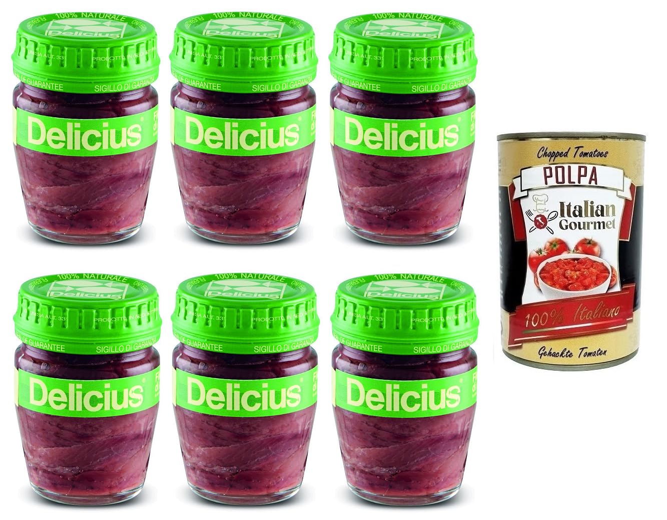 6x Delicius Filetti Di Alici In Olio Di Girasole,Sardellenfilets in Sonnenblumenöl,Hochwertiger Blauer Fisch,Glas 58g + Italian Gourmet Polpa di Pomodoro 400g Dose