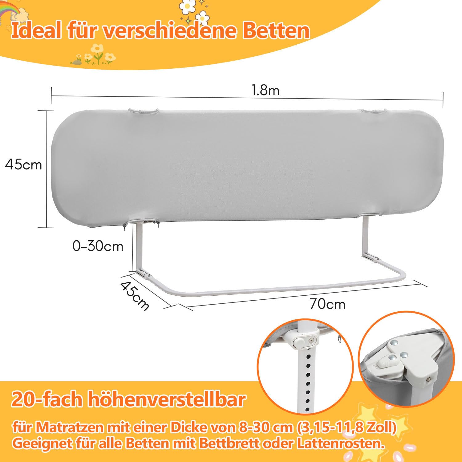 Rausfallschutz Bett Kinder, klappbares Bettgitter höhenverstellbar | 180cm Bettgitter für Kinderbett mit 20 Höhenstufen, Gurten und Tasche, Grau, für Kinderbett, Elternbett und Boxspringbett